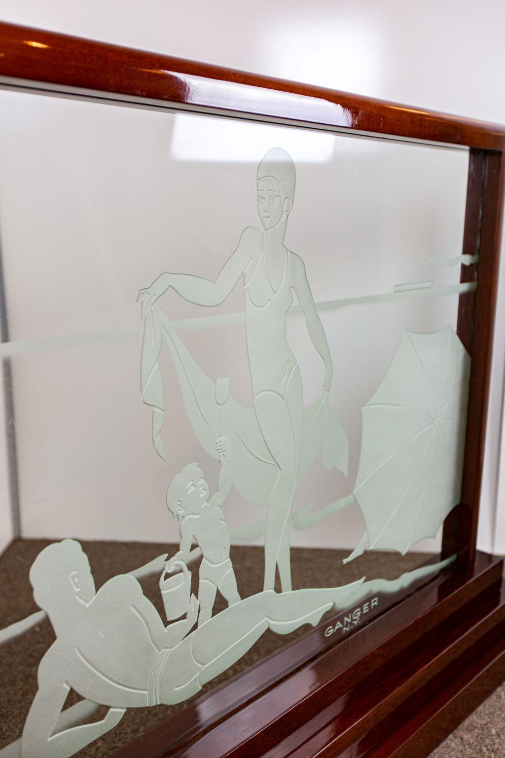 20th Century Art Deco Etched Decorative Glass Panel with a Beach Scene Signed Gardner NY For Sale