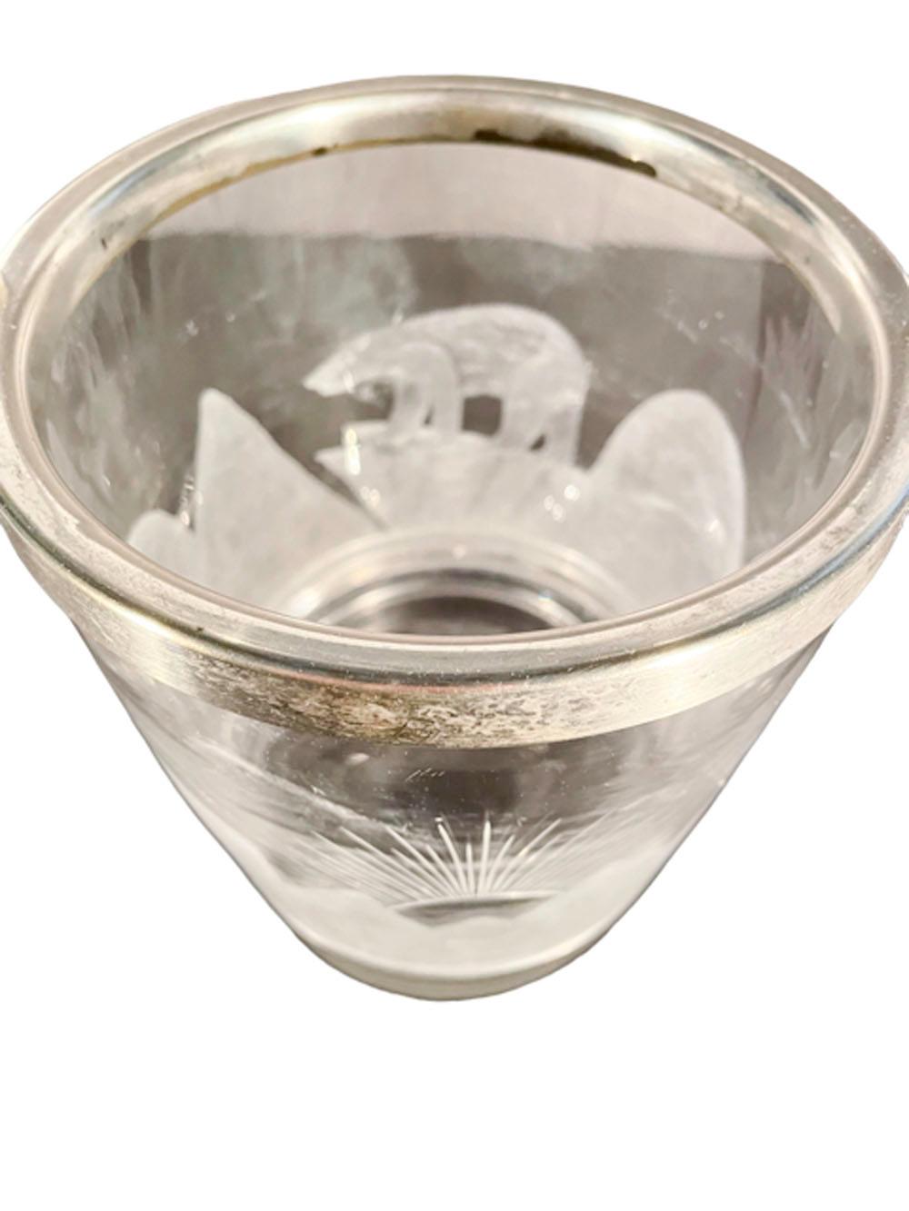 20th Century Art Deco Etched Glass and Silver Plate Ice Bucket W/ a Polar Bear on an Iceberg For Sale