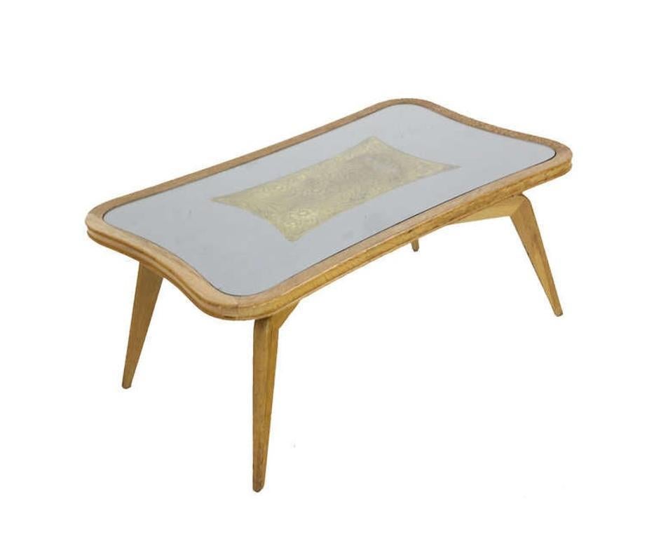 American Art Deco Etched Glass Cerused  Blond Oak rounded Corners Rectangle  Coffee Table For Sale