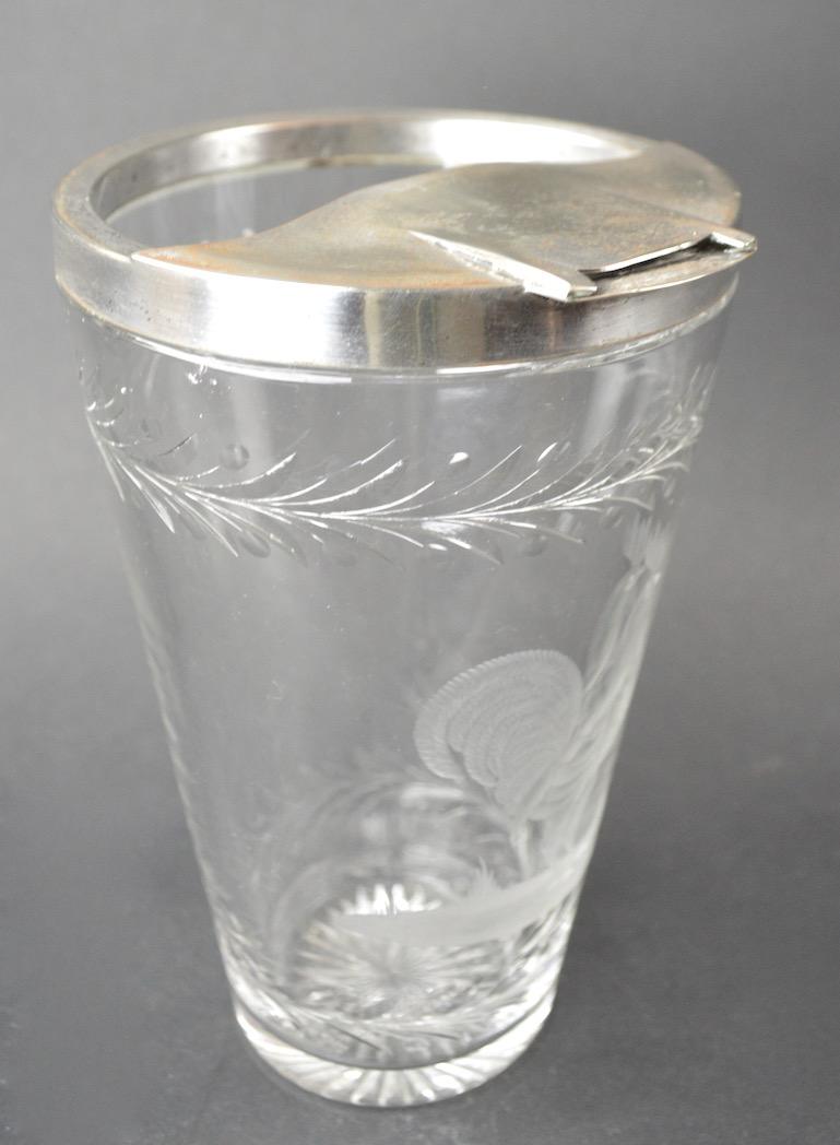 American Art Deco Etched Glass Cocktail Mixer with Rooster Motif