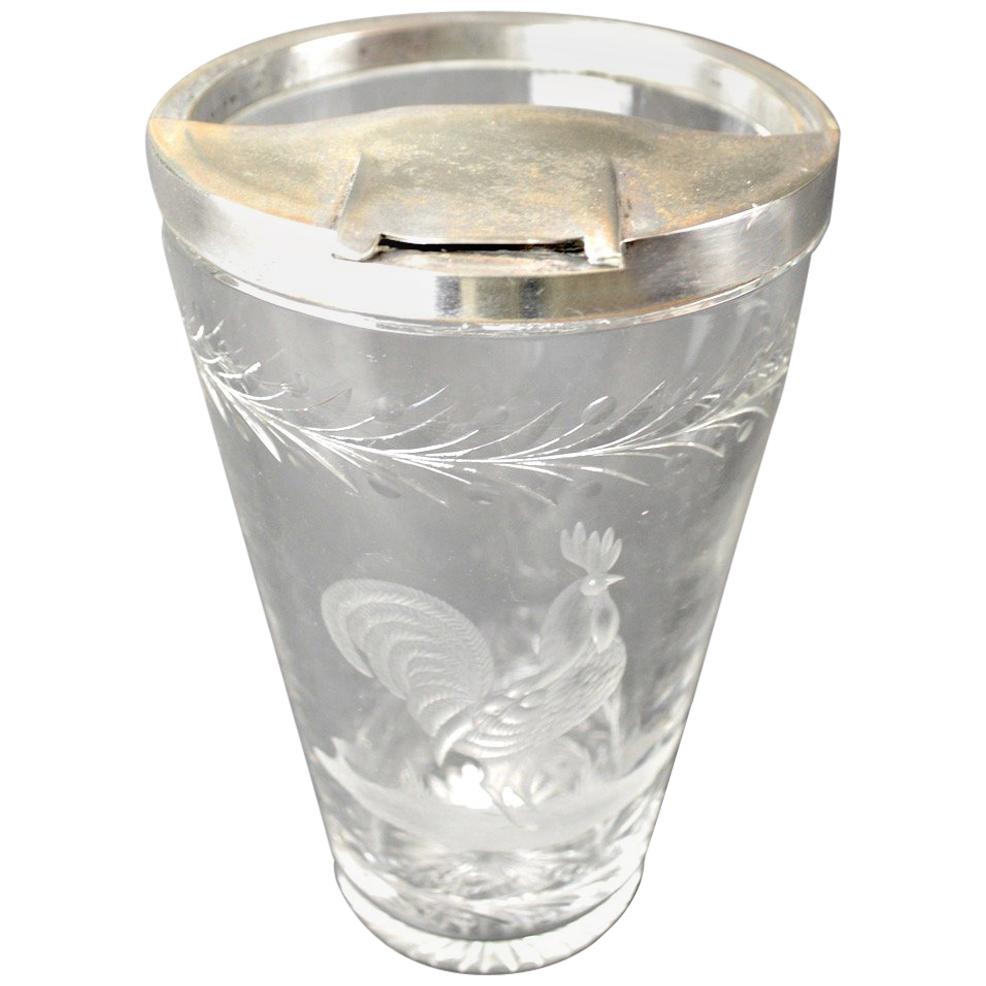 Art Deco Etched Glass Cocktail Mixer with Rooster Motif