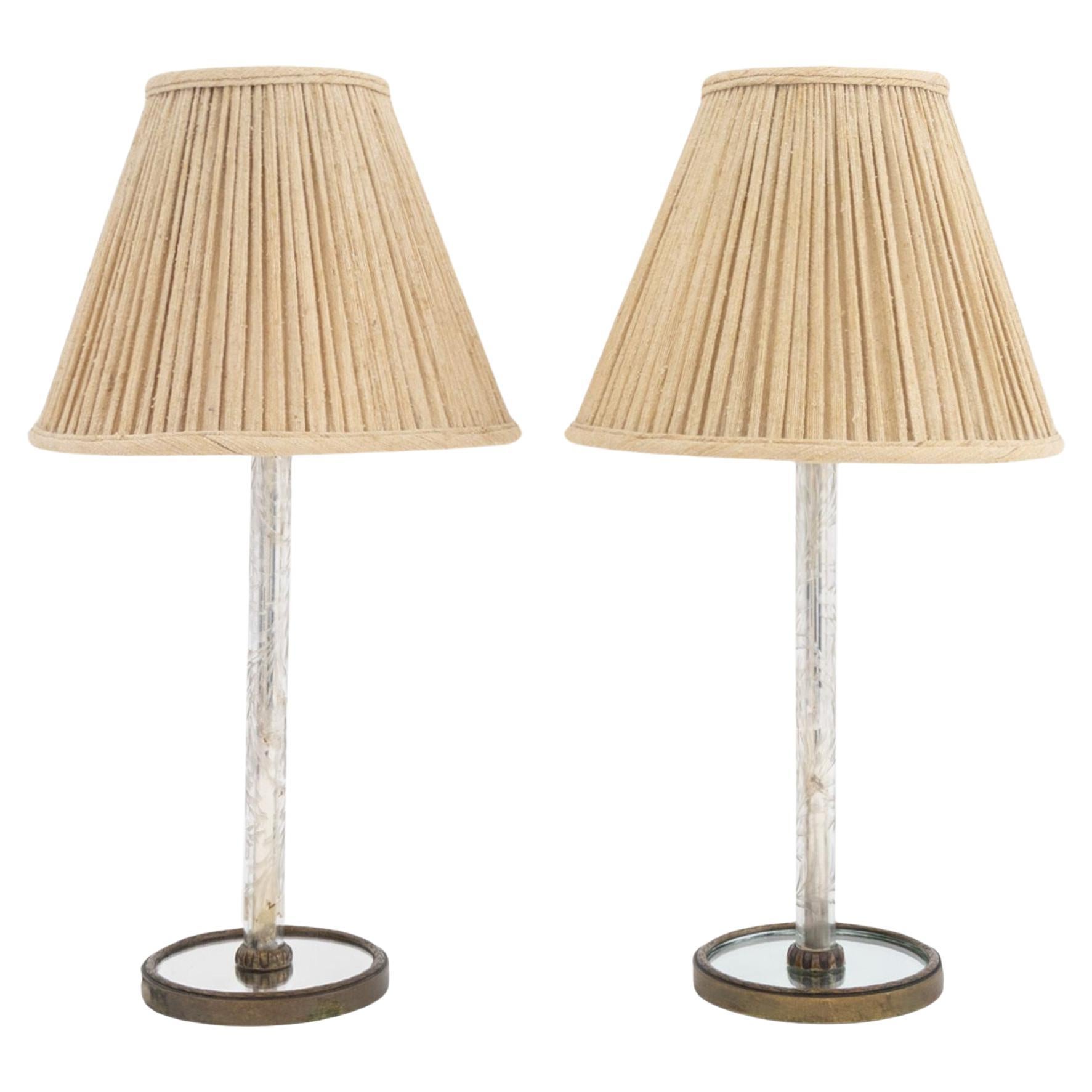 Art Deco Etched Glass Column Table Lamps, Pair im Angebot