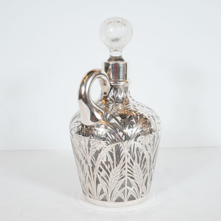 Art Deco Etched Glass Drinks Pitcher with Sterling Silver Overlay at