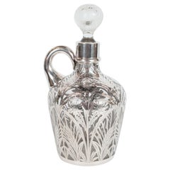 Antique Art Deco Etched Glass Drinks Pitcher with Sterling Silver Overlay