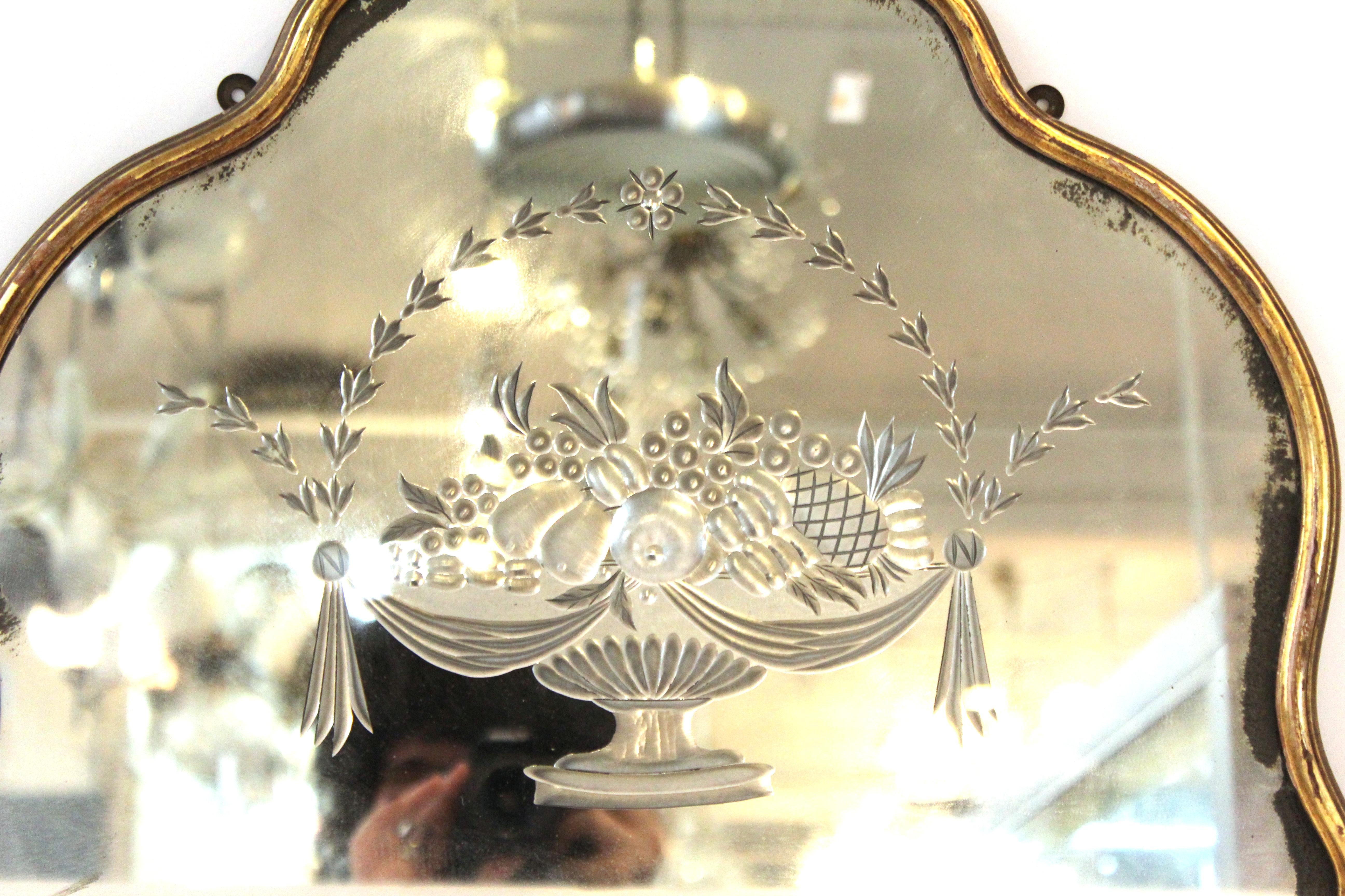 Mid-20th Century Art Deco Etched Glass Mirror with Fruit Basket Motif