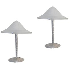 Art Deco Etched Glass Shades Spiral Silvered Metal Bases Table Lamps, France