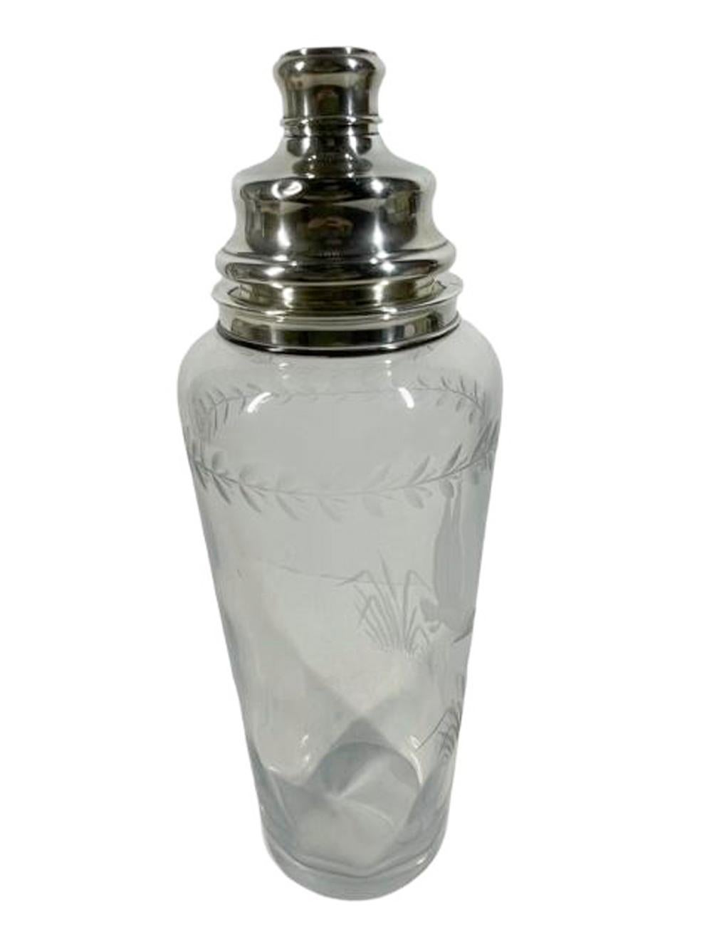 American Art Deco Etched Glass & Sterling Silver Cocktail Shaker Both Parts Marked Hawkes For Sale