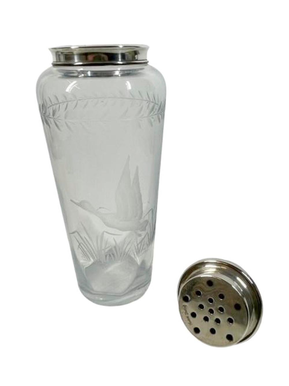 20th Century Art Deco Etched Glass & Sterling Silver Cocktail Shaker Both Parts Marked Hawkes For Sale