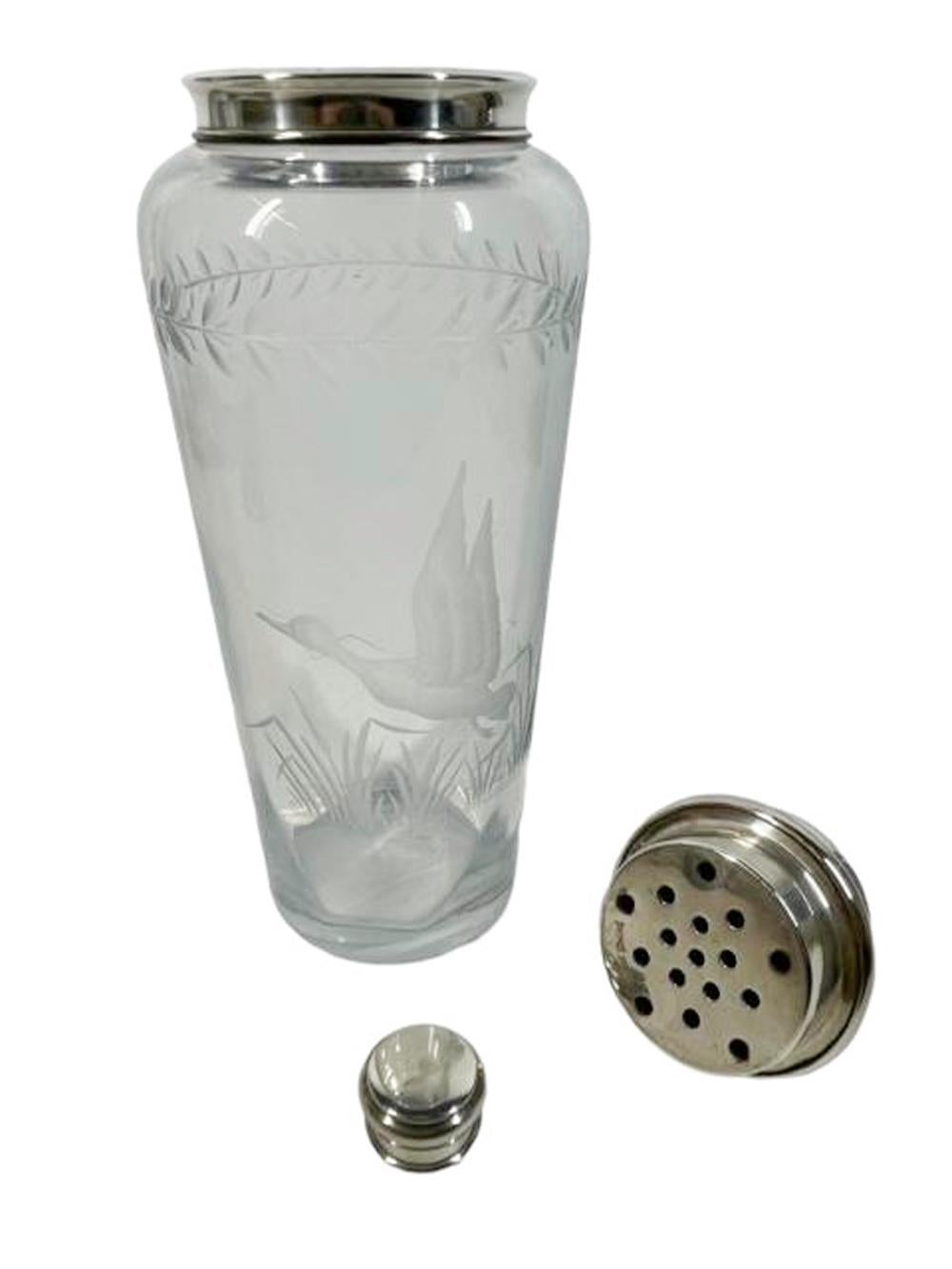 Art Deco Etched Glass & Sterling Silver Cocktail Shaker Both Parts Marked Hawkes For Sale 1