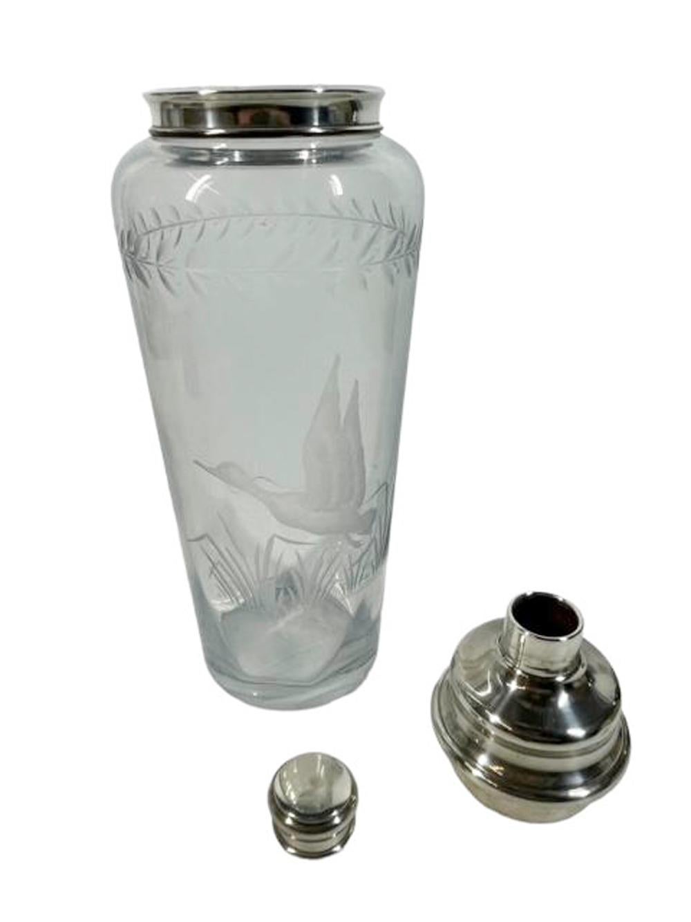 Art Deco Etched Glass & Sterling Silver Cocktail Shaker Both Parts Marked Hawkes For Sale 2