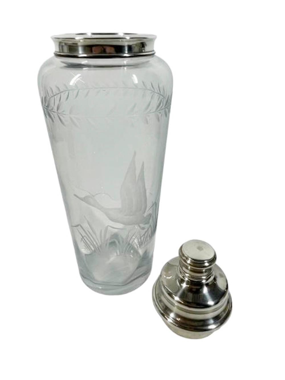 Art Deco Etched Glass & Sterling Silver Cocktail Shaker Both Parts Marked Hawkes For Sale 3