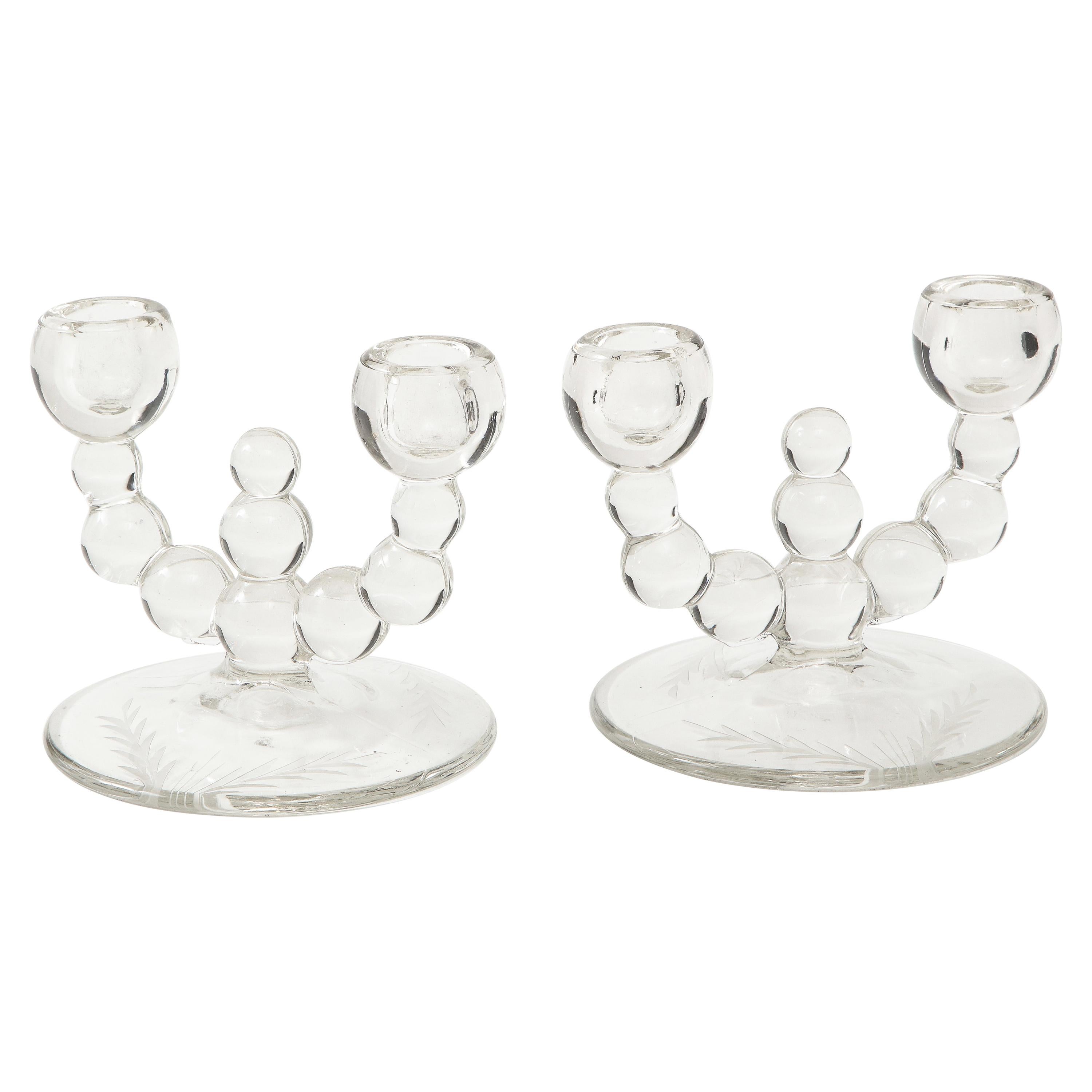 Art Deco Etched Glass Candlesticks