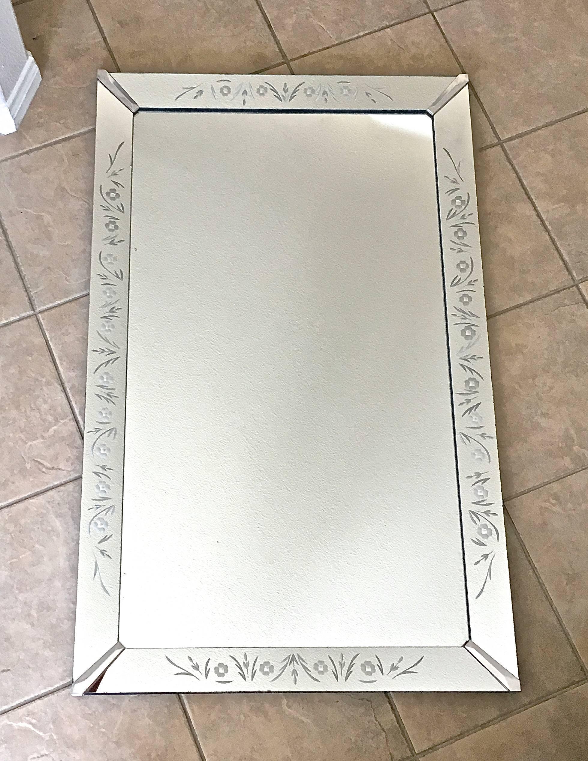 Rectangular Art Deco style wall mirror with nicely etched 