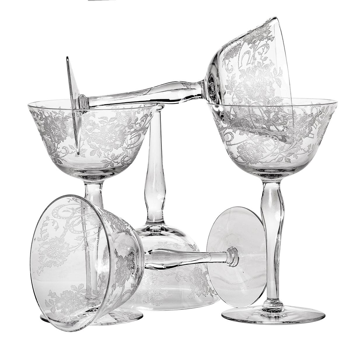 20th Century Art Deco Etched Stemware Champaign Glasses Set/5