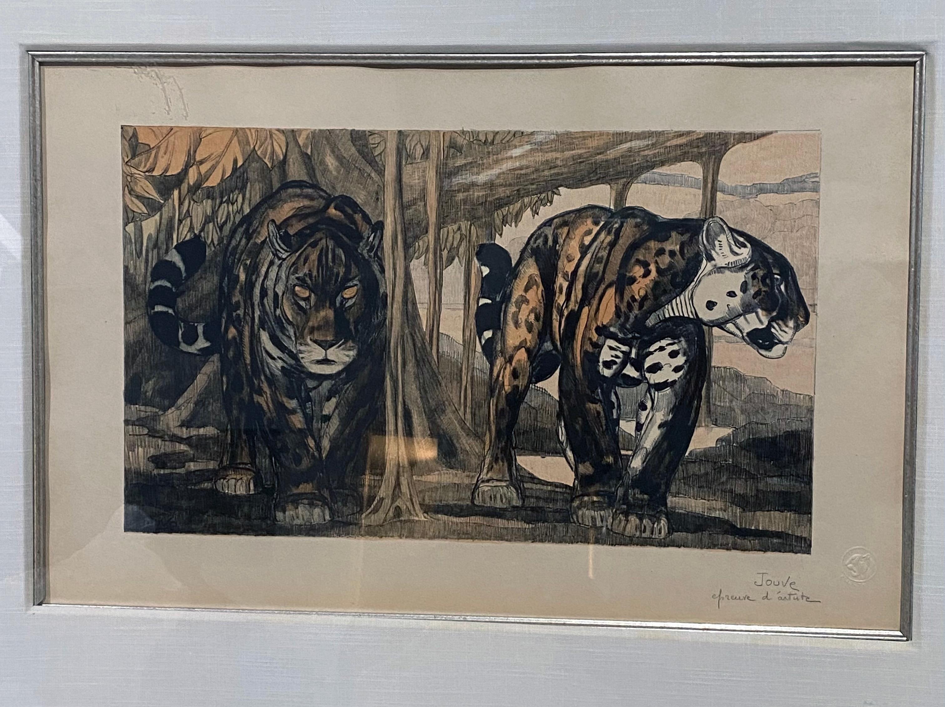 Art Deco etching by Paul Jouve depicting two Jaguars.
Made in France
Circa: 1935
Signature: Paul Jouve.