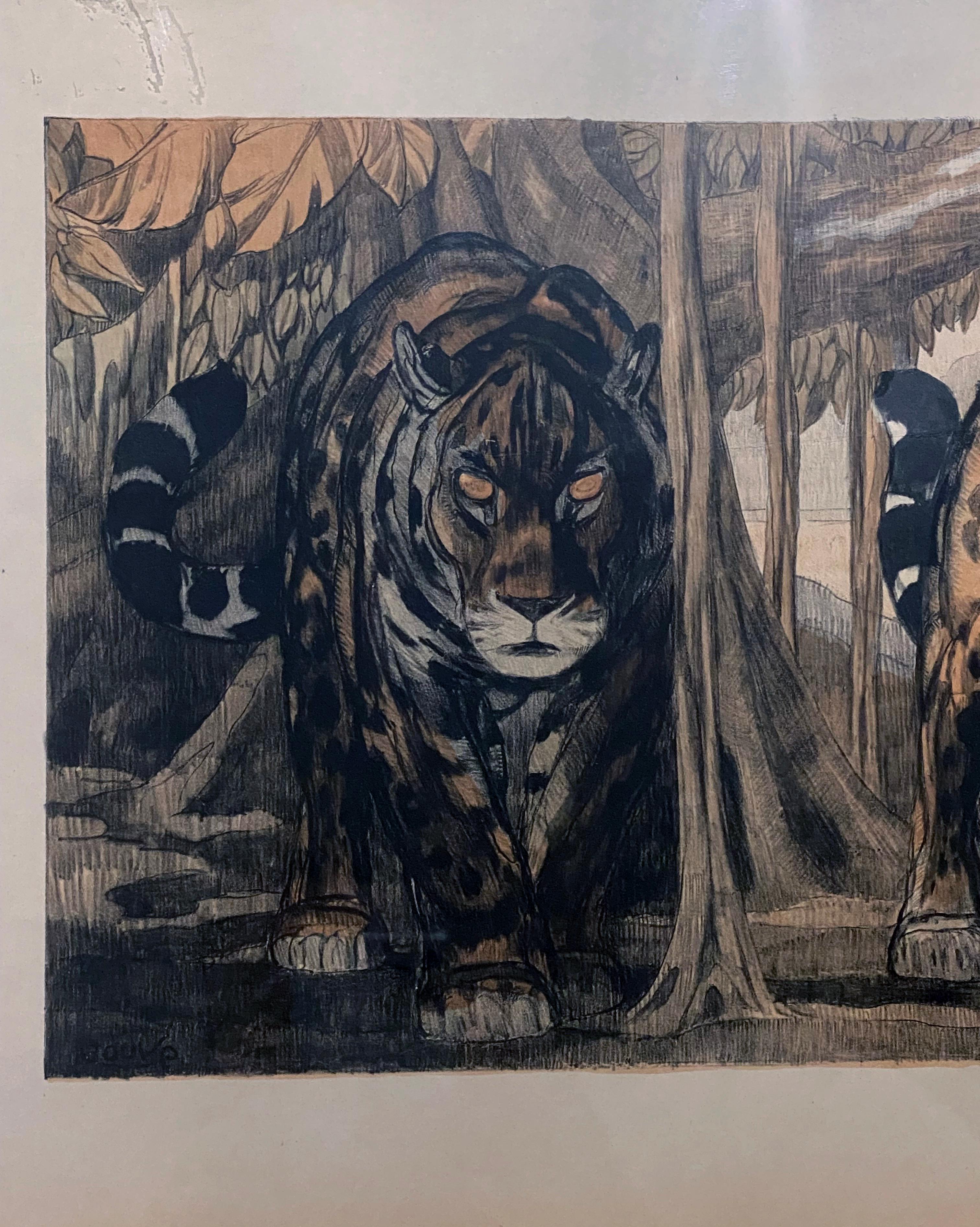 French Art Deco Etching of Two Jaguars by Paul Jouve