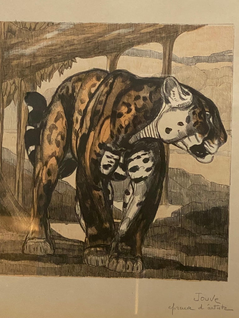 Art Deco Etching of Two Jaguars by Paul Jouve In Good Condition For Sale In North Miami, FL