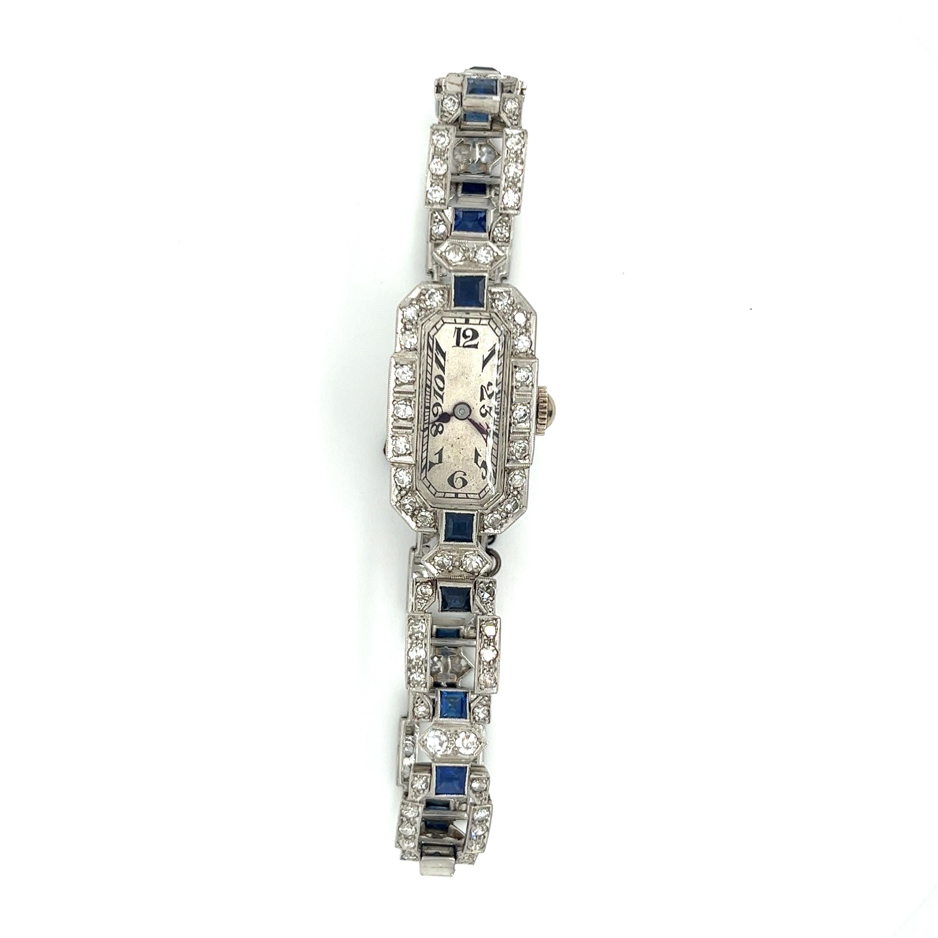 Art Deco Eterna Platinum Square Link Watch With Blue Sapphire & Diamonds  In Good Condition In Miami, FL