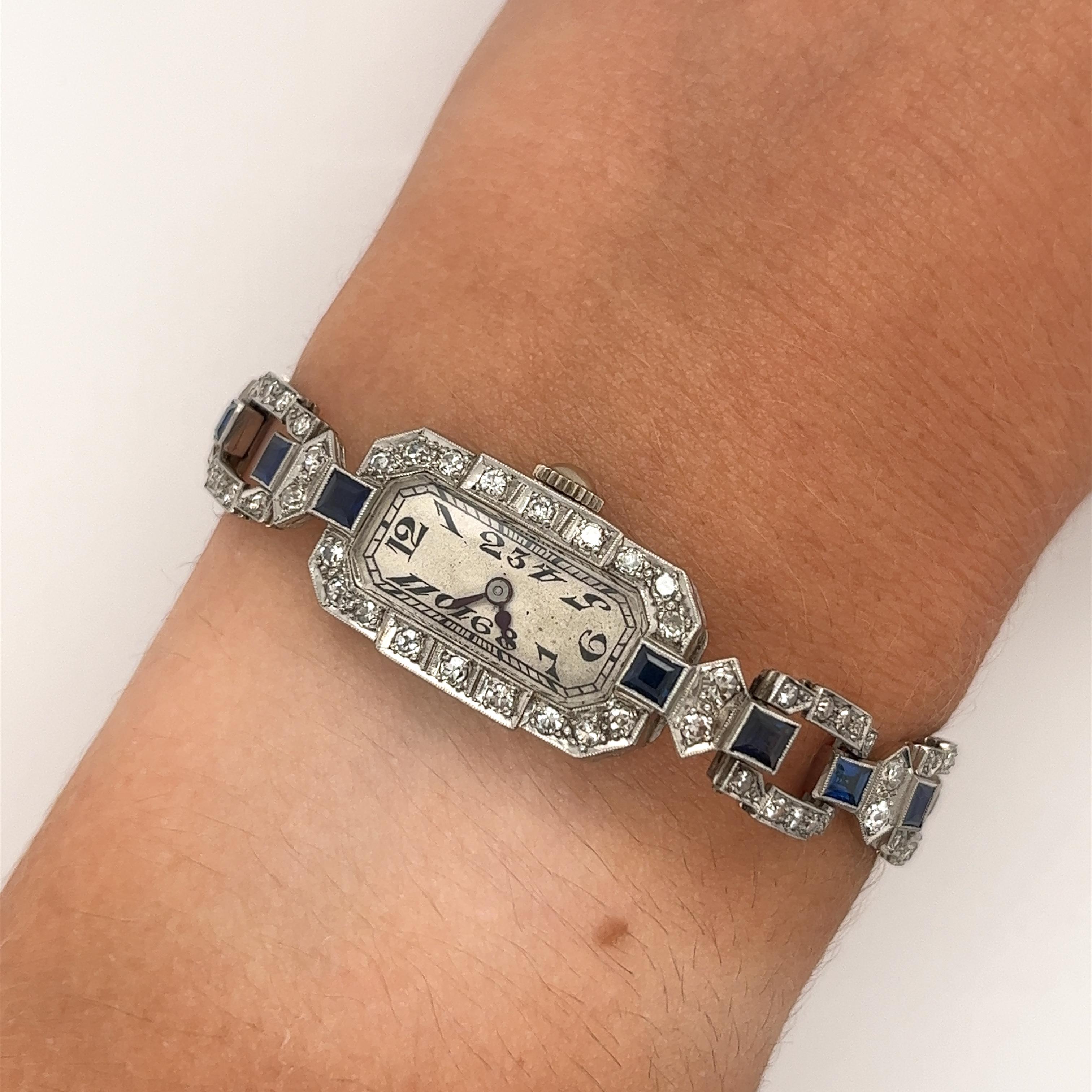 Art Deco Eterna Platinum Square Link Watch With Blue Sapphire & Diamonds  2