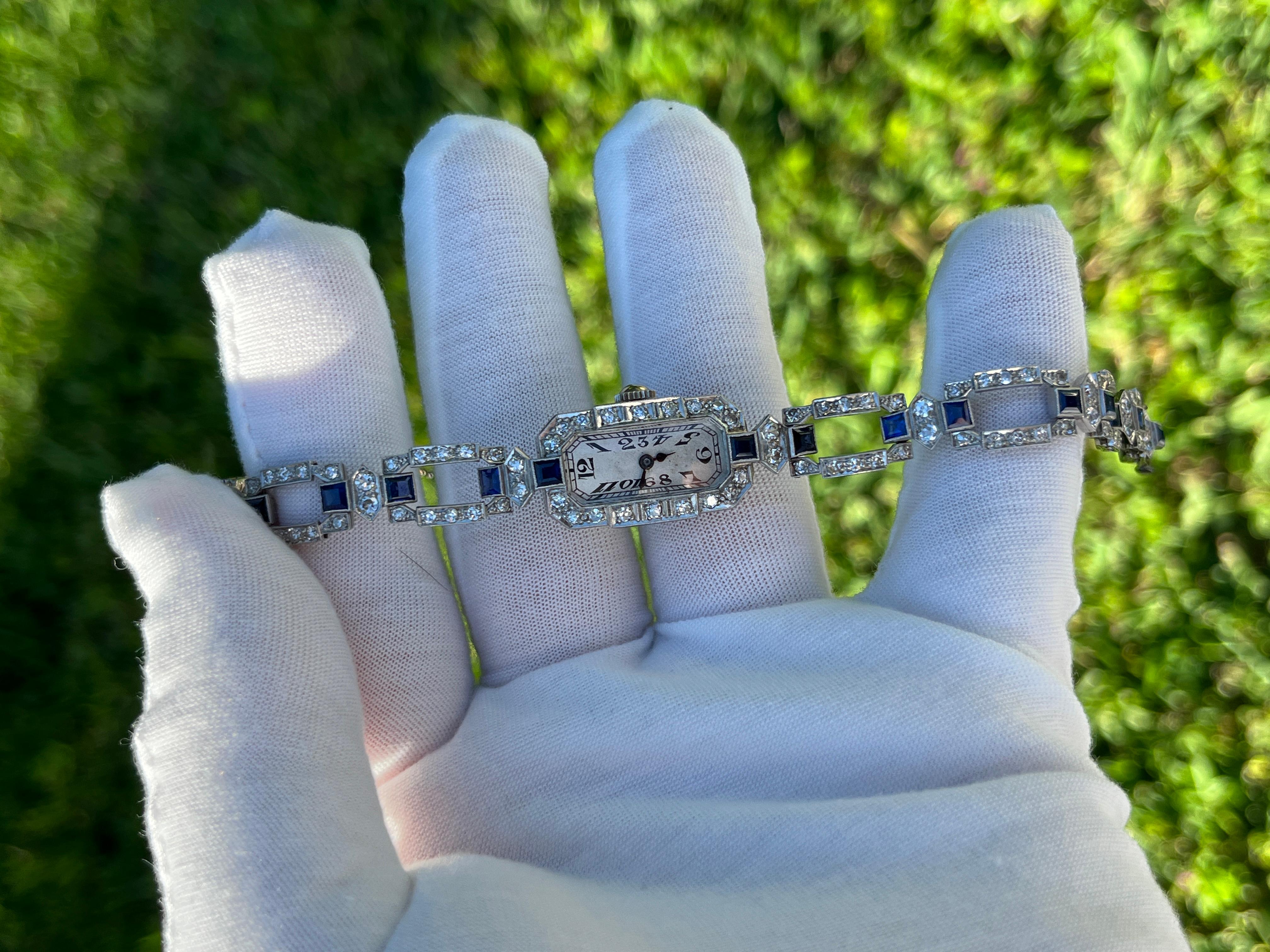 Art Deco Eterna Platinum Square Link Watch With Blue Sapphire & Diamonds  3