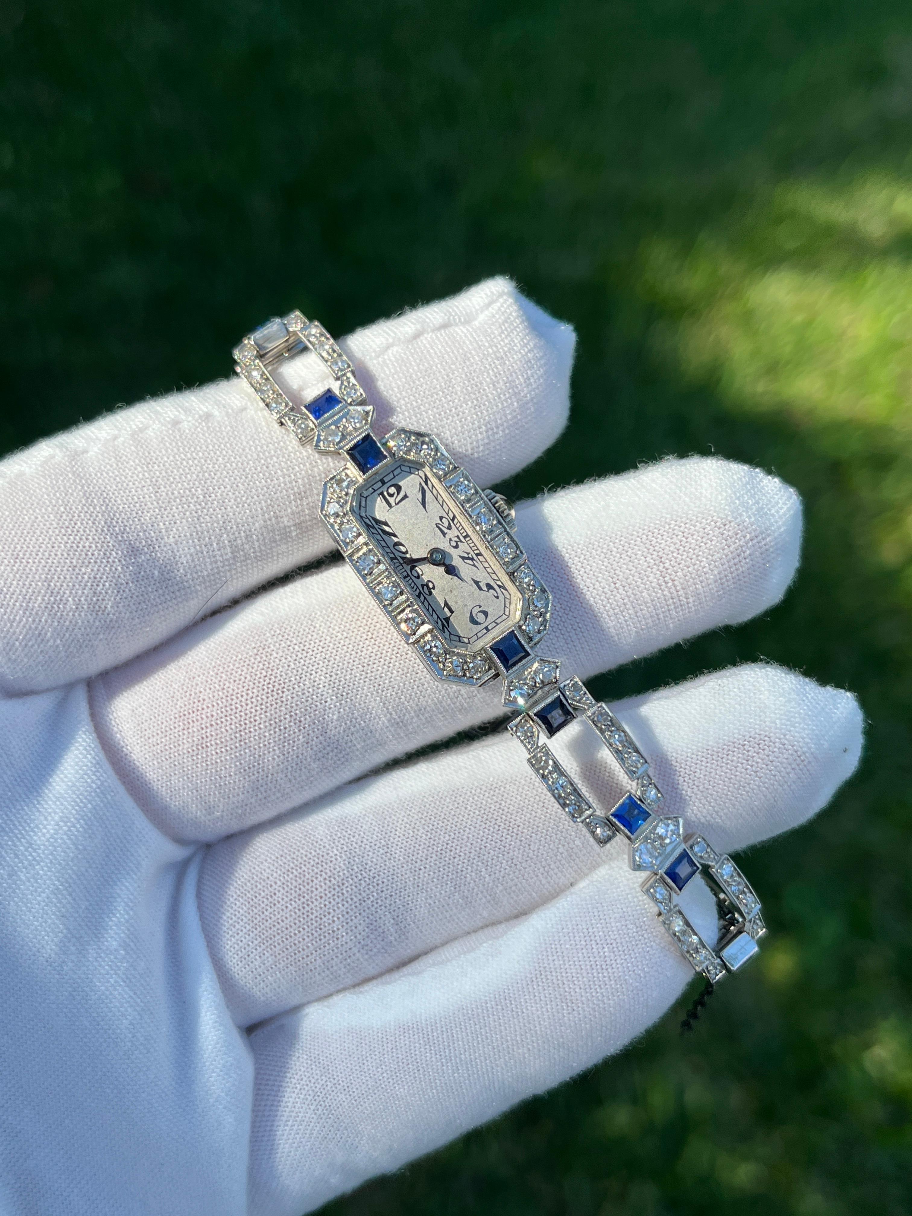 Art Deco Eterna Platinum Square Link Watch With Blue Sapphire & Diamonds  4