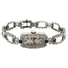 Art Deco Eterna Platinum Square Link Watch With Blue Sapphire & Diamonds 