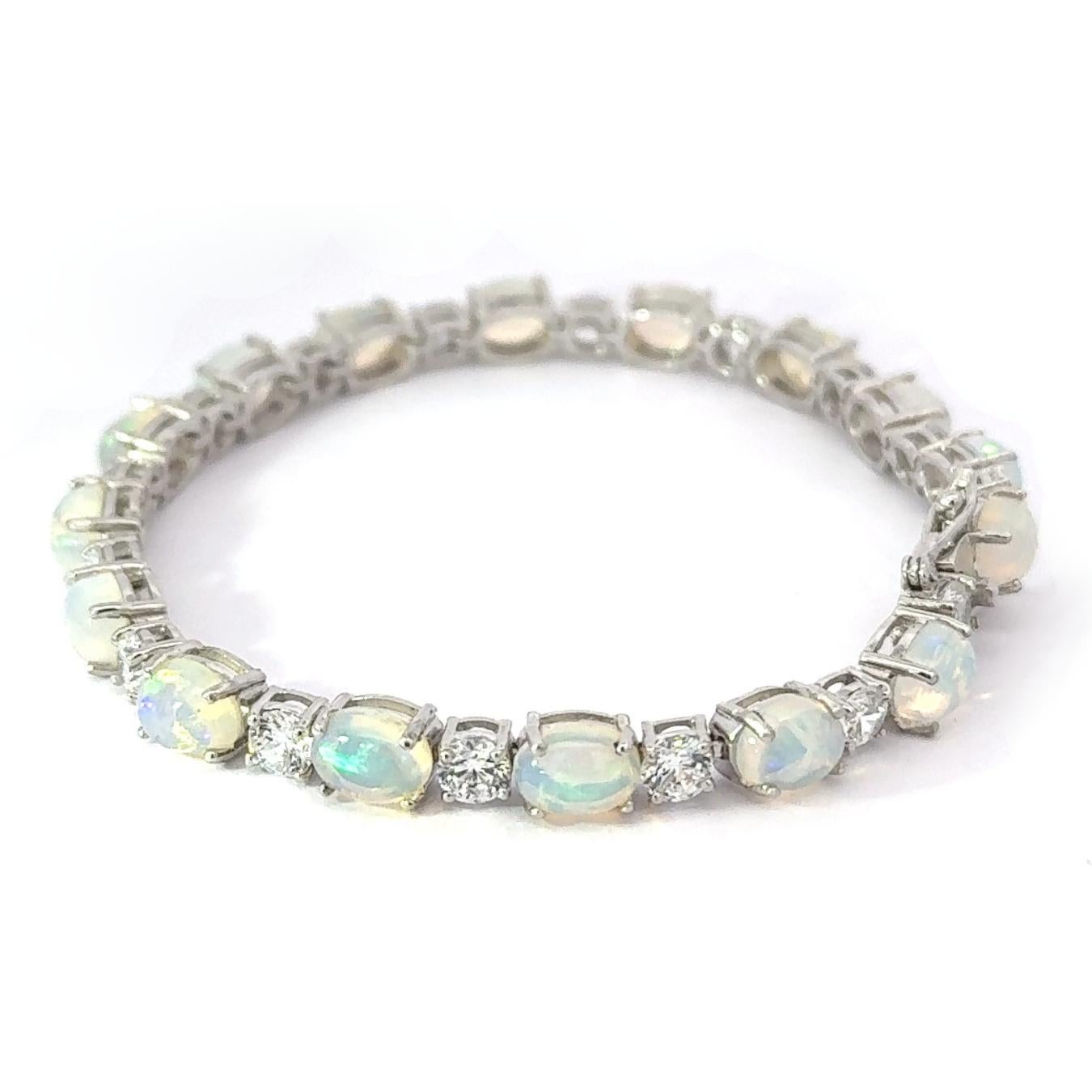 Art Deco Style Ethiopian Opal & CZ Tennis Birthstone Silver Bracelet pour Elle Neuf - En vente à New York, NY
