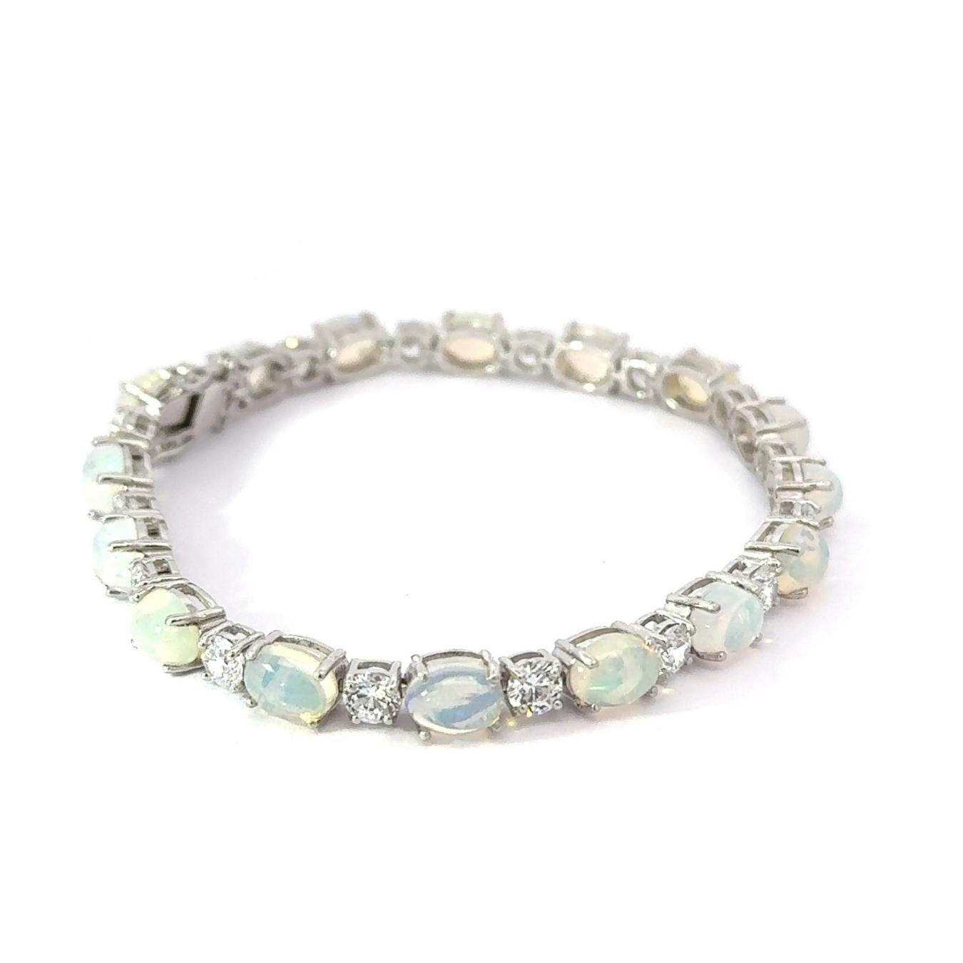 Art Deco Style Ethiopian Opal & CZ Tennis Birthstone Silver Bracelet pour Elle en vente 1