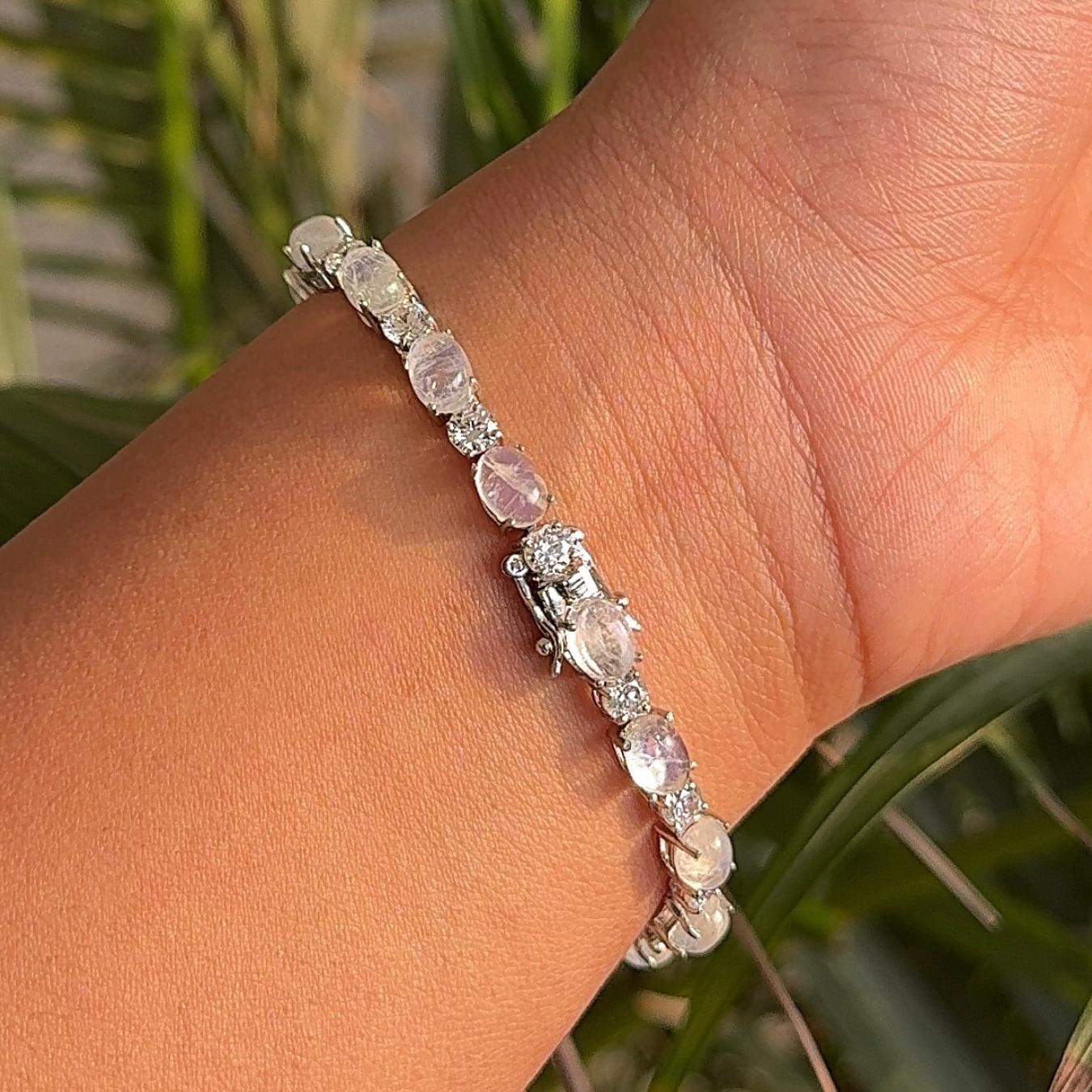 Art Deco Style Ethiopian Opal & CZ Tennis Birthstone Silver Bracelet pour Elle en vente 2