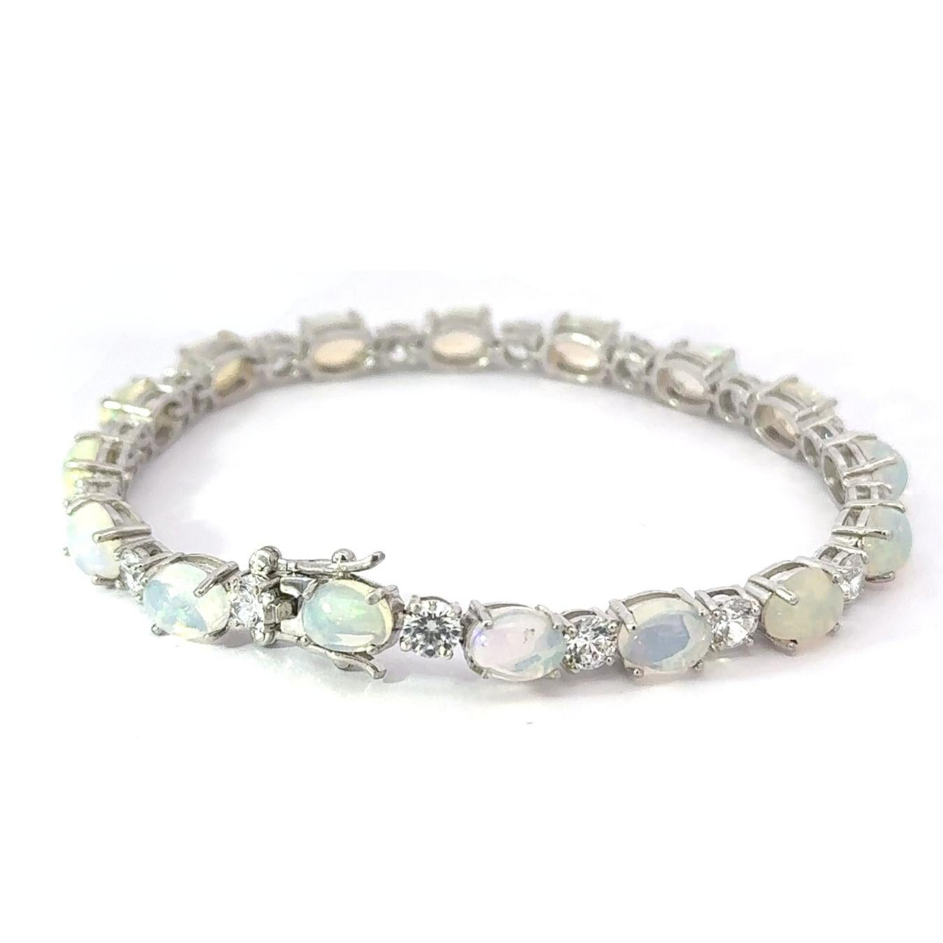 Art Deco Style Ethiopian Opal & CZ Tennis Birthstone Silver Bracelet pour Elle en vente 3