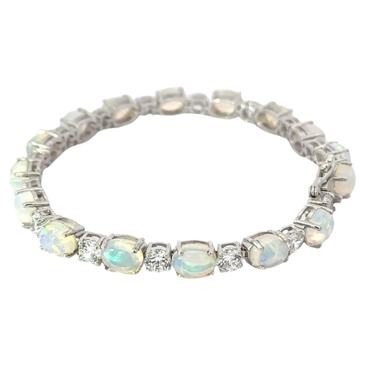 Art Deco Style Ethiopian Opal & CZ Tennis Birthstone Silver Bracelet pour Elle en vente