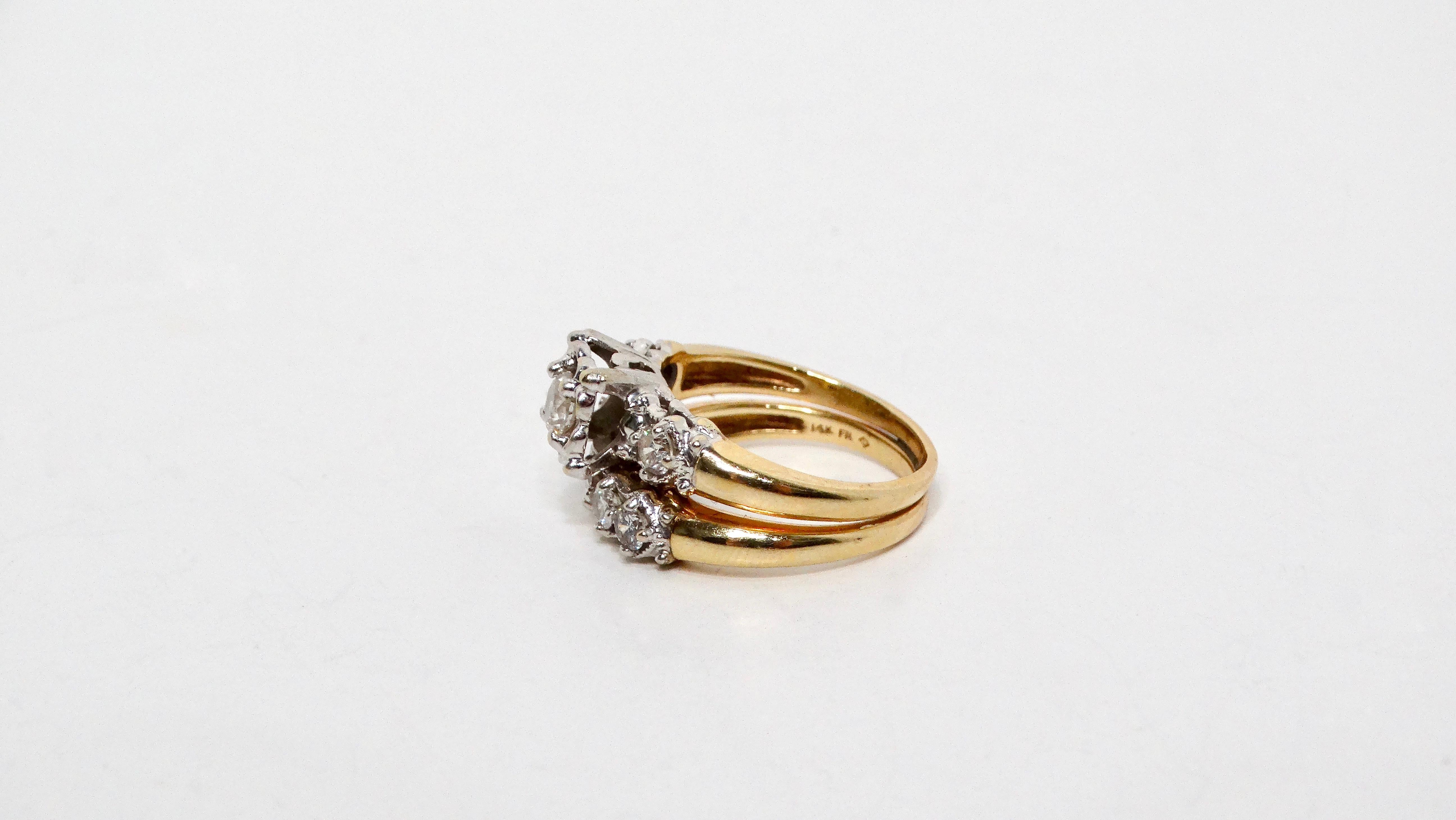 Bague grappe Art déco en or jaune 14 carats et diamants taille européenne Unisexe en vente