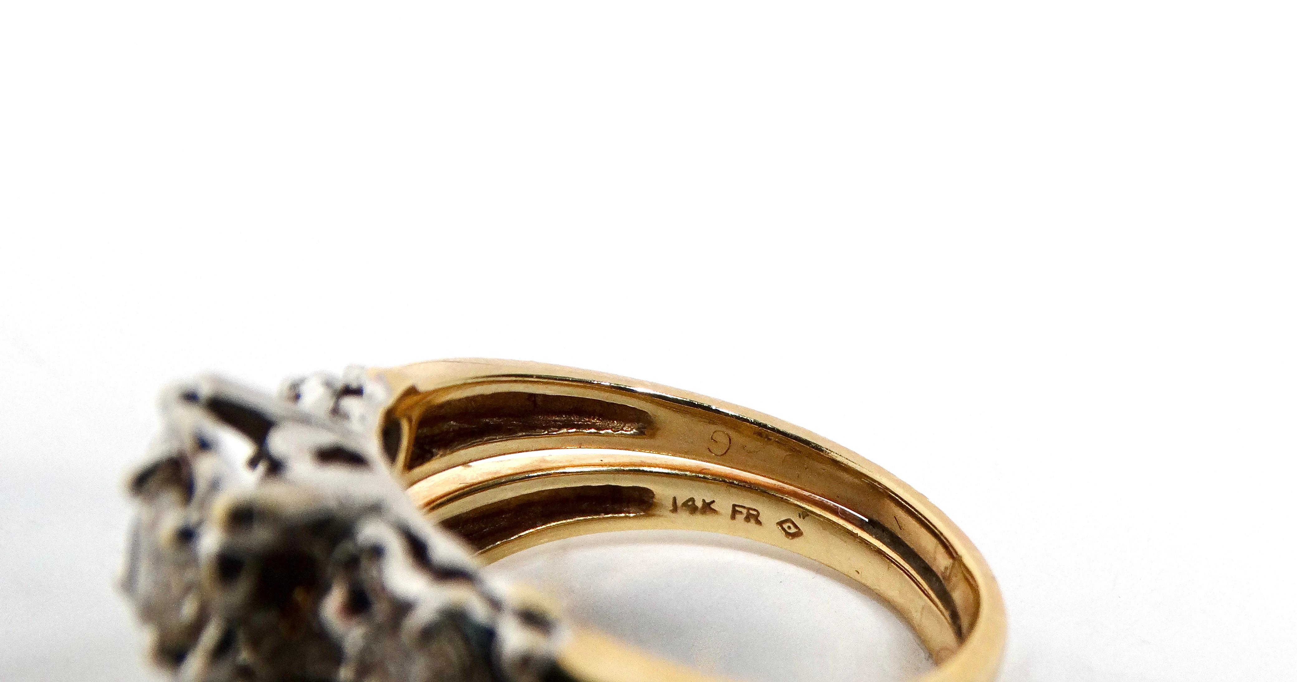 Bague grappe Art déco en or jaune 14 carats et diamants taille européenne en vente 1