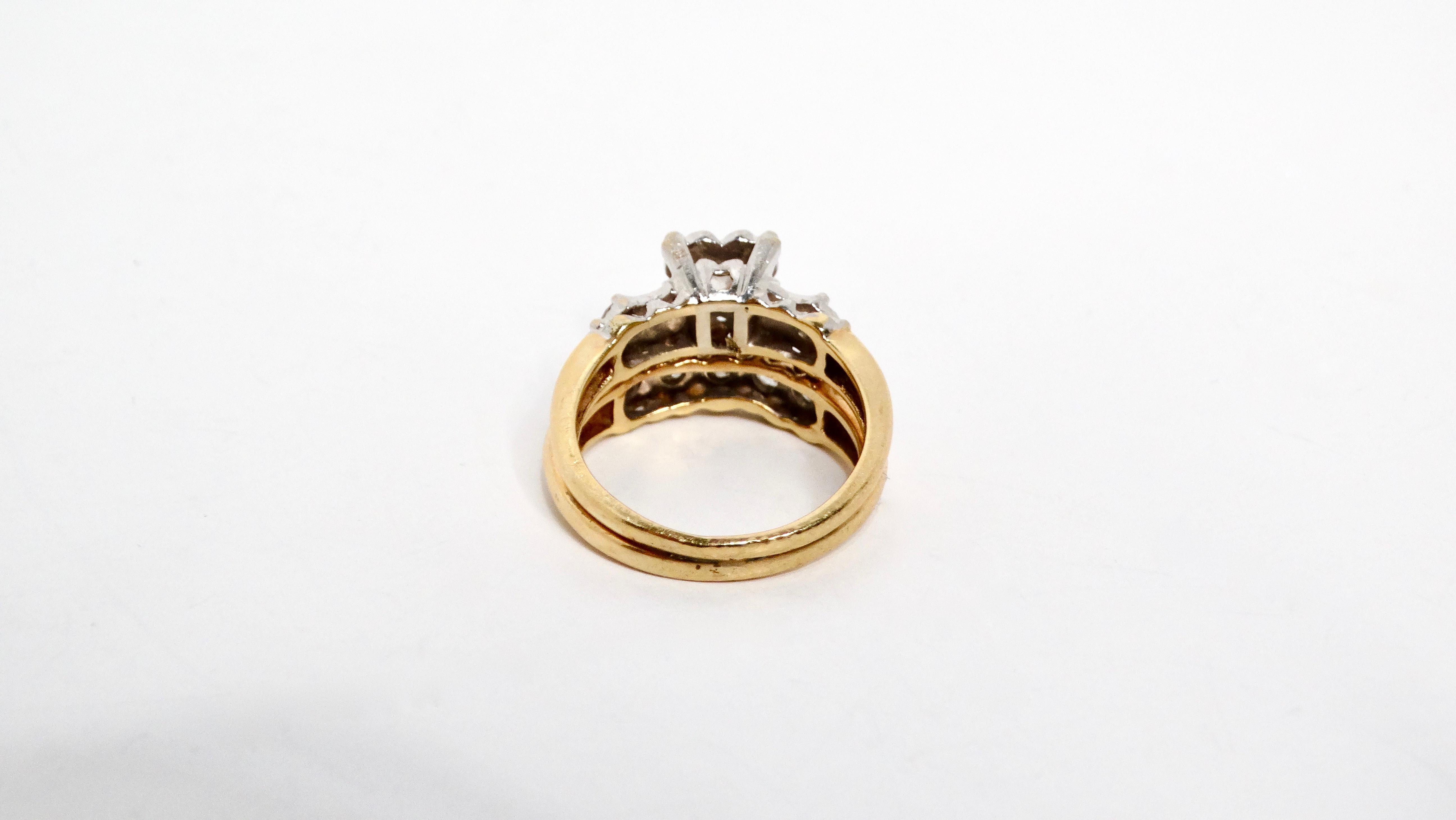 Bague grappe Art déco en or jaune 14 carats et diamants taille européenne en vente 2
