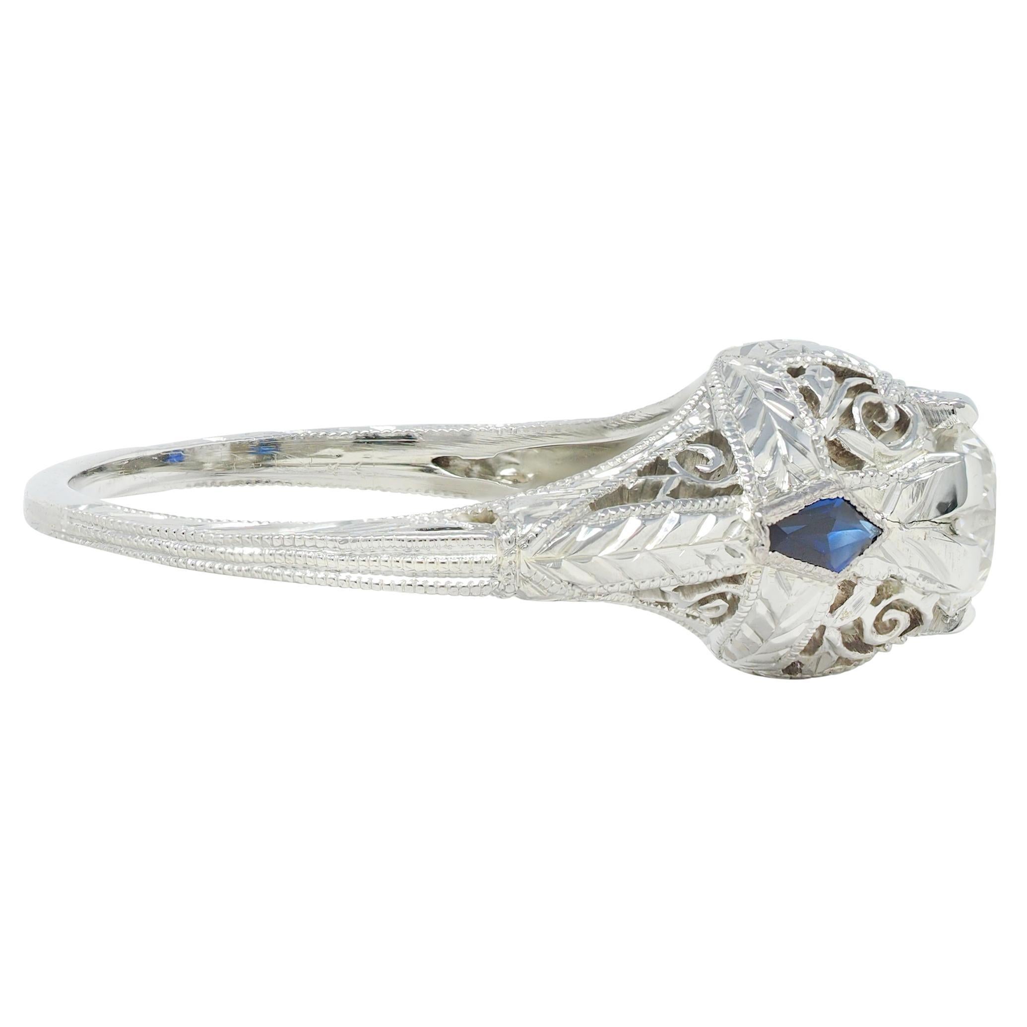 Art Deco European Cut Diamond 18 Karat White Gold Vintage Scroll Engagement Ring (Art déco) im Angebot
