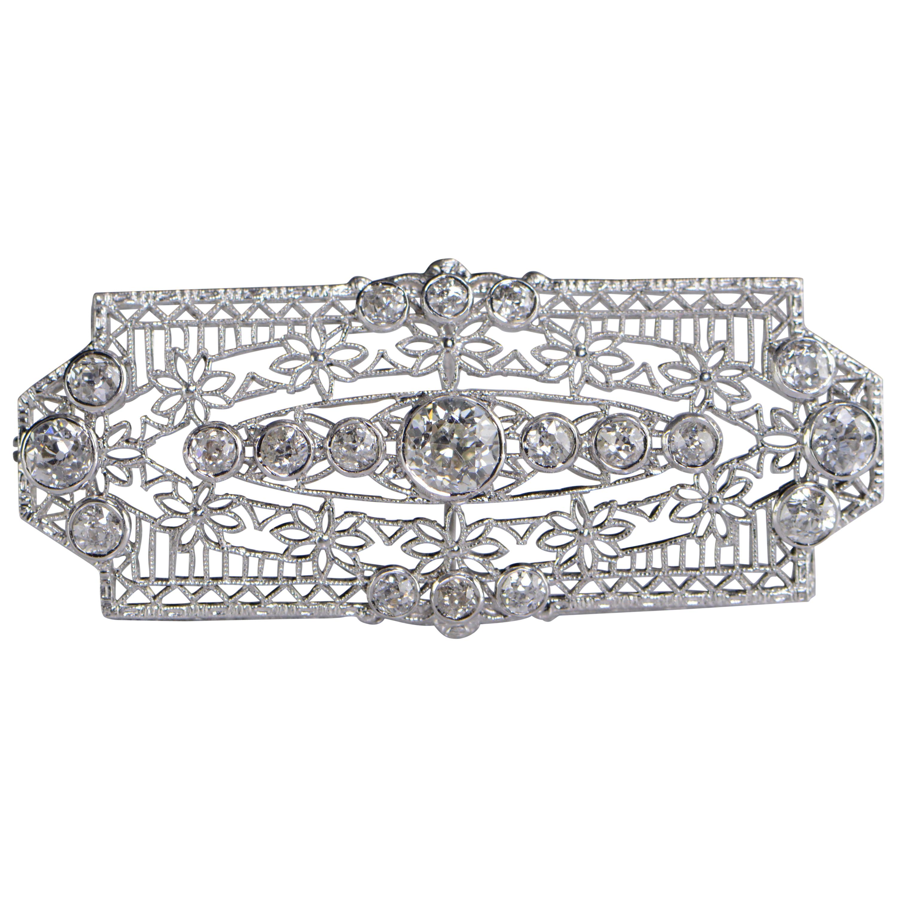 Art Deco European Cut Diamond Filigree Brooch For Sale