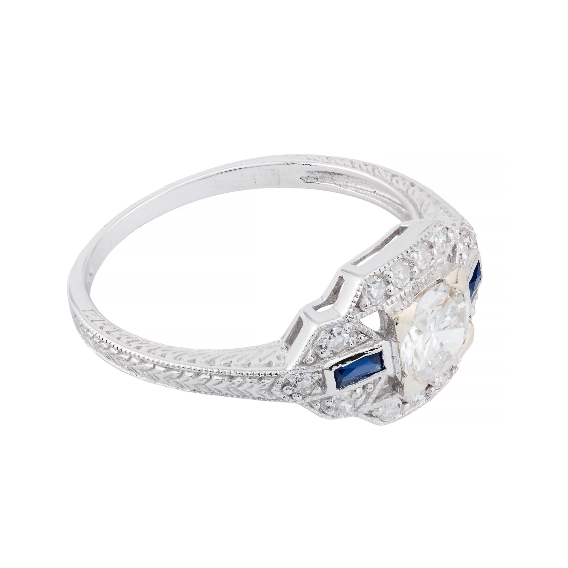 Old European Cut Art Deco European Cut Diamond & French Cut Sapphire Engagement Ring For Sale