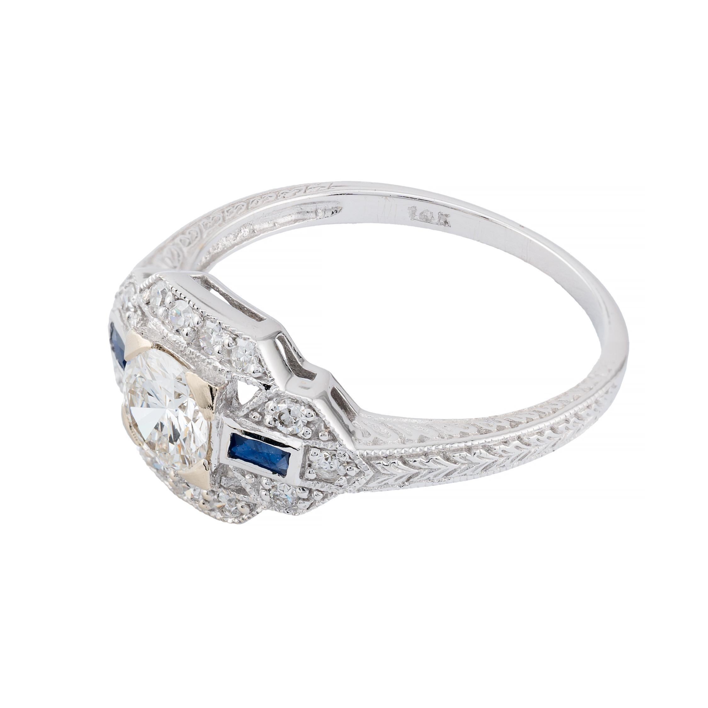 Art Deco European Cut Diamond & French Cut Sapphire Engagement Ring In Excellent Condition For Sale In Boston, MA
