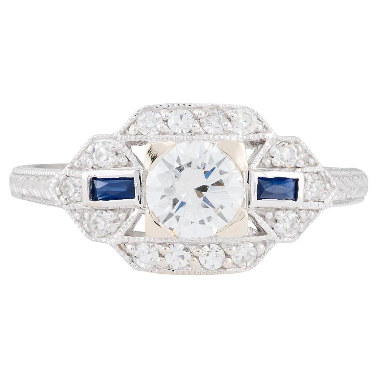 Art Deco European Cut Diamond & French Cut Sapphire Engagement Ring