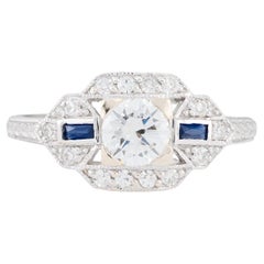 Bague de fiançailles Art déco en diamant taille européenne et saphir taille française