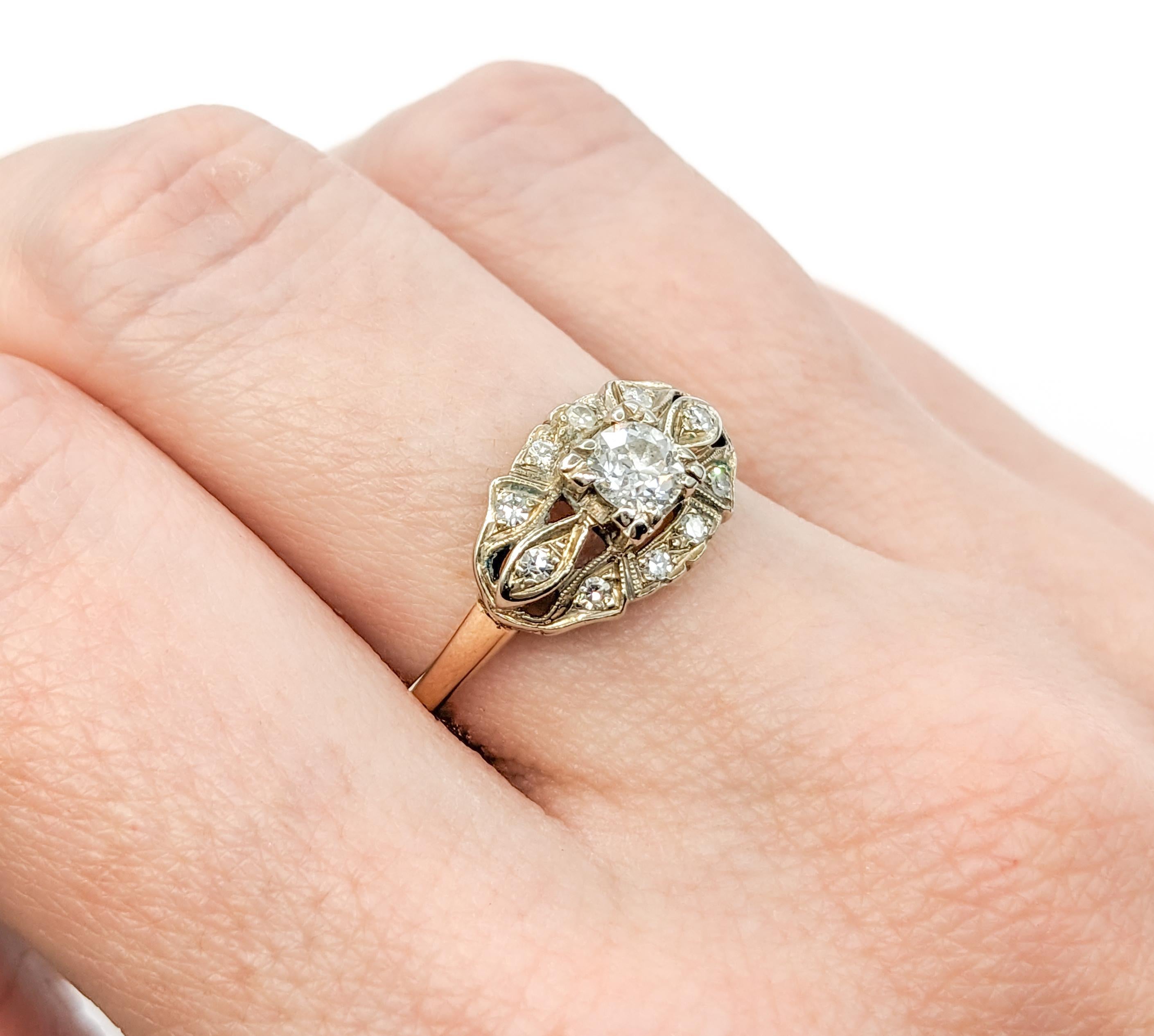 Art Deco Ring mit europäischem Diamantschliff in Gelbgold (Alteuropäischer Schliff)