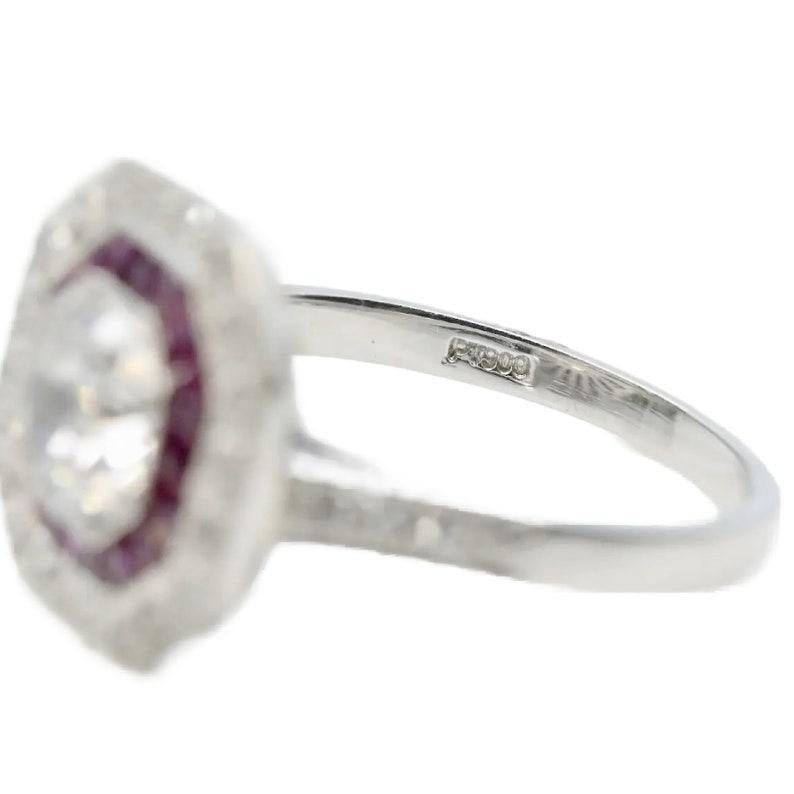 Women's Art Deco European Cut Diamond & Ruby Double Halo Ring in Platinum