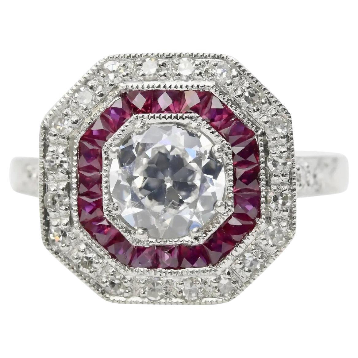 Art Deco European Cut Diamond & Ruby Double Halo Ring in Platinum