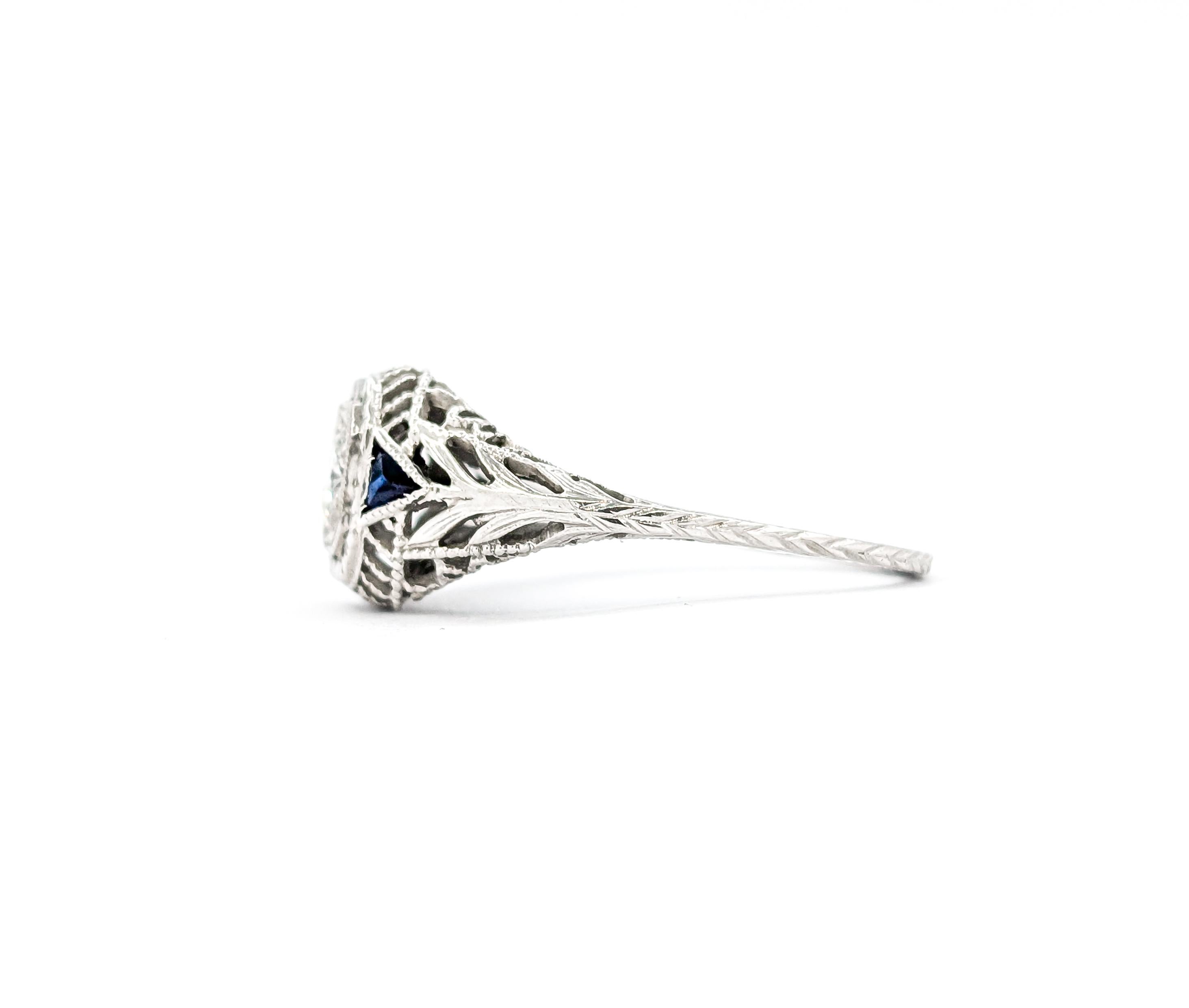 Art Deco European Cut Diamond & Sapphire Ring in White Gold 5