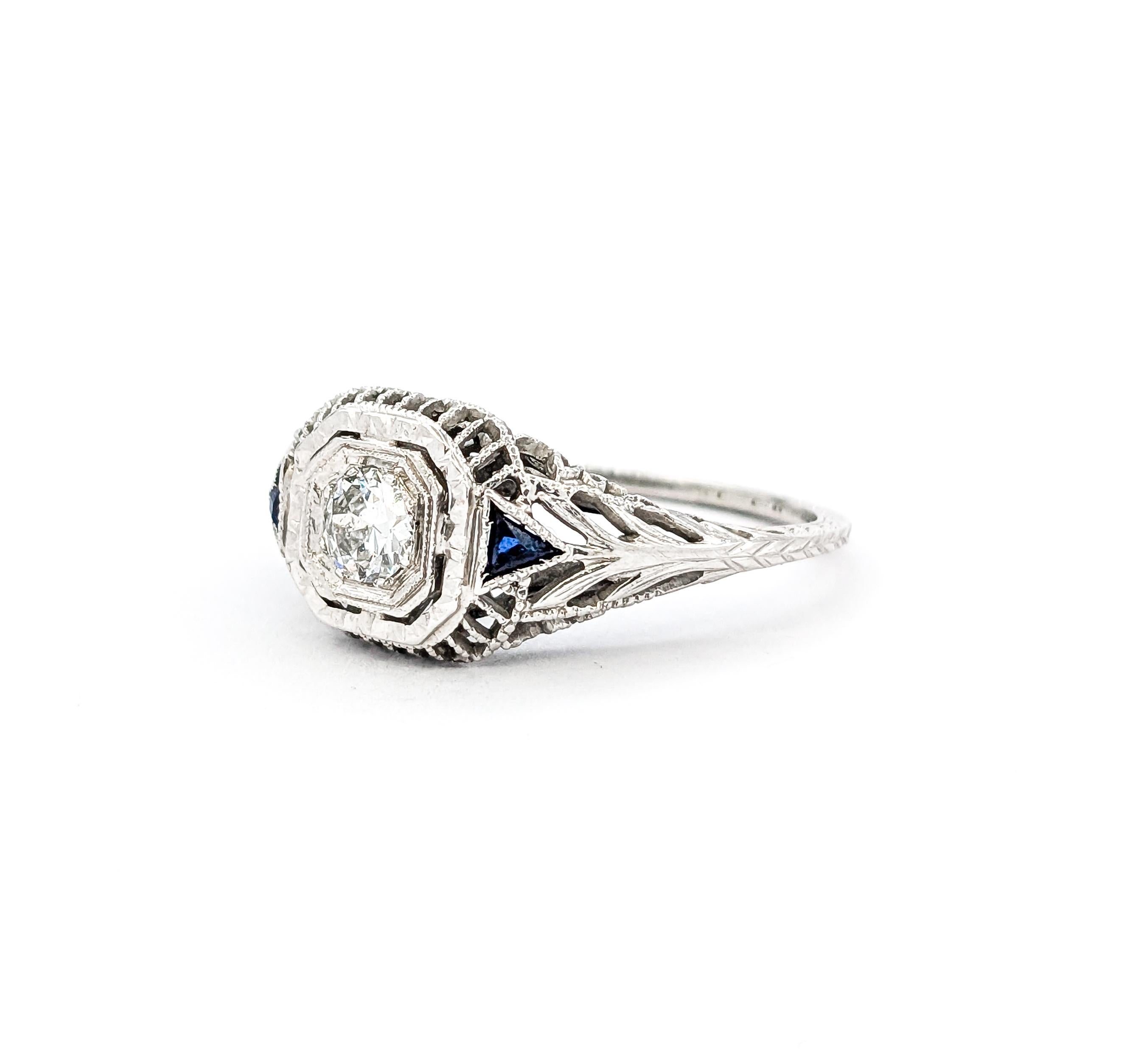 Art Deco European Cut Diamond & Sapphire Ring in White Gold 6