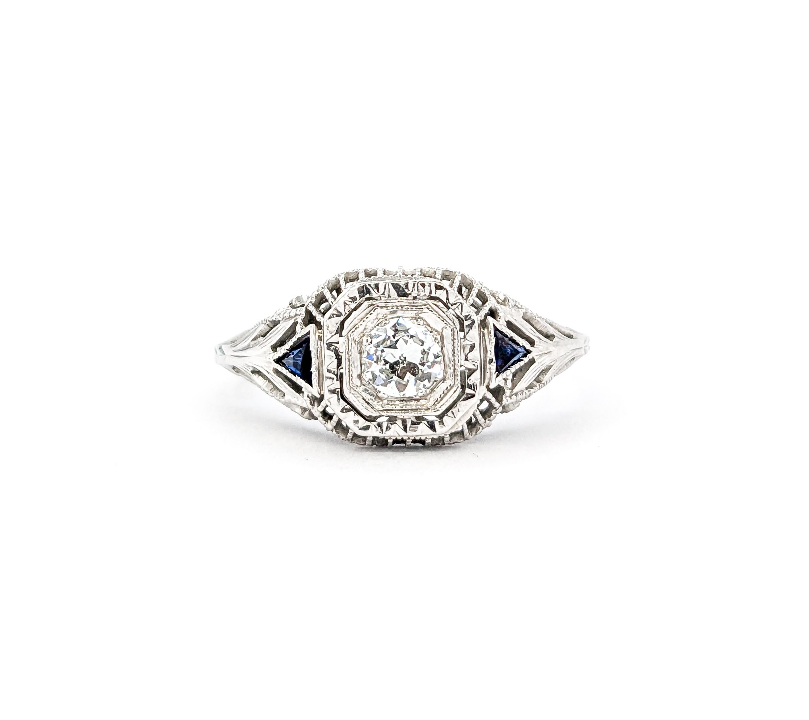 Art Deco European Cut Diamond & Sapphire Ring in White Gold 7