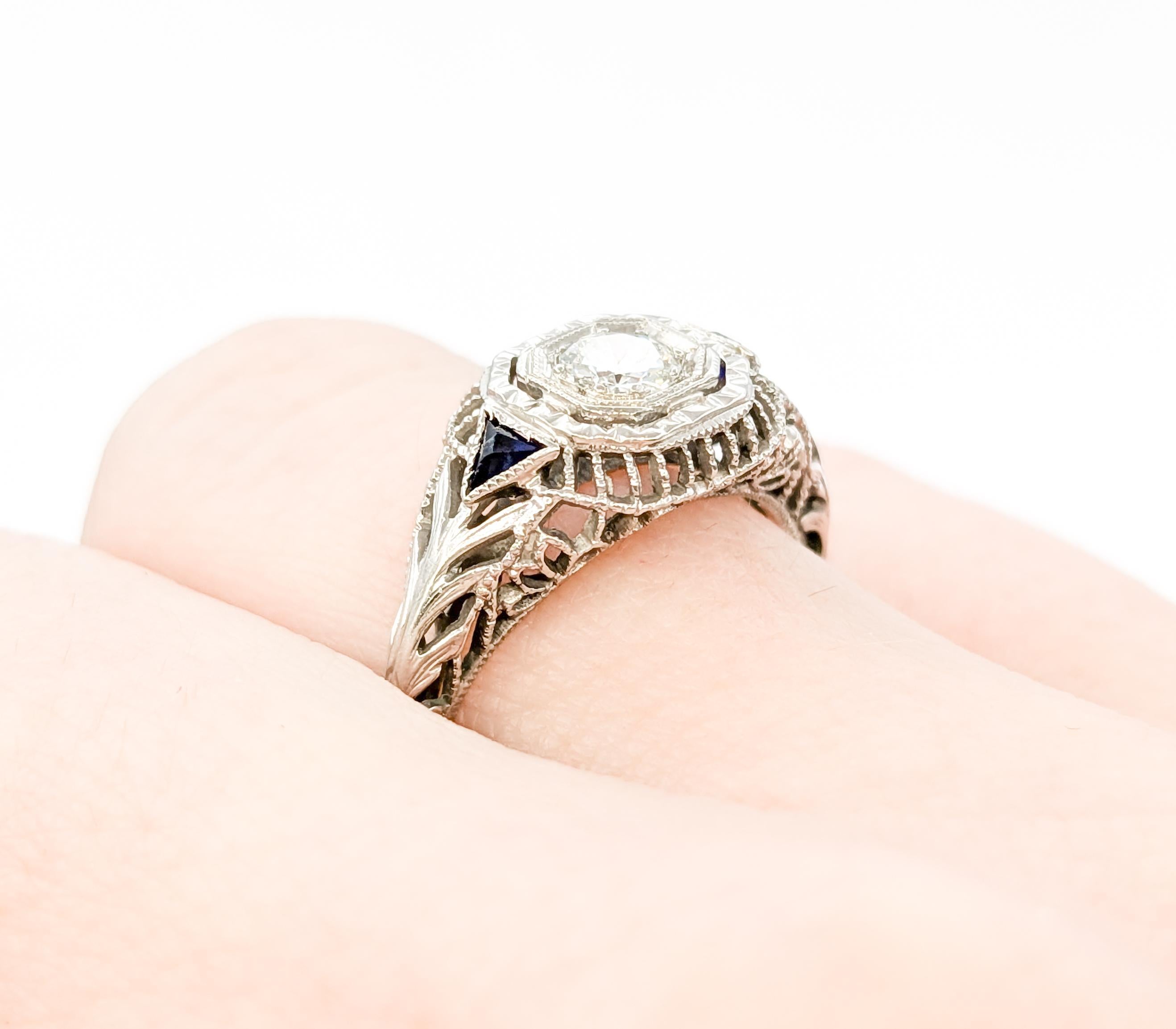 Art Deco European Cut Diamond & Sapphire Ring in White Gold In Excellent Condition In Bloomington, MN