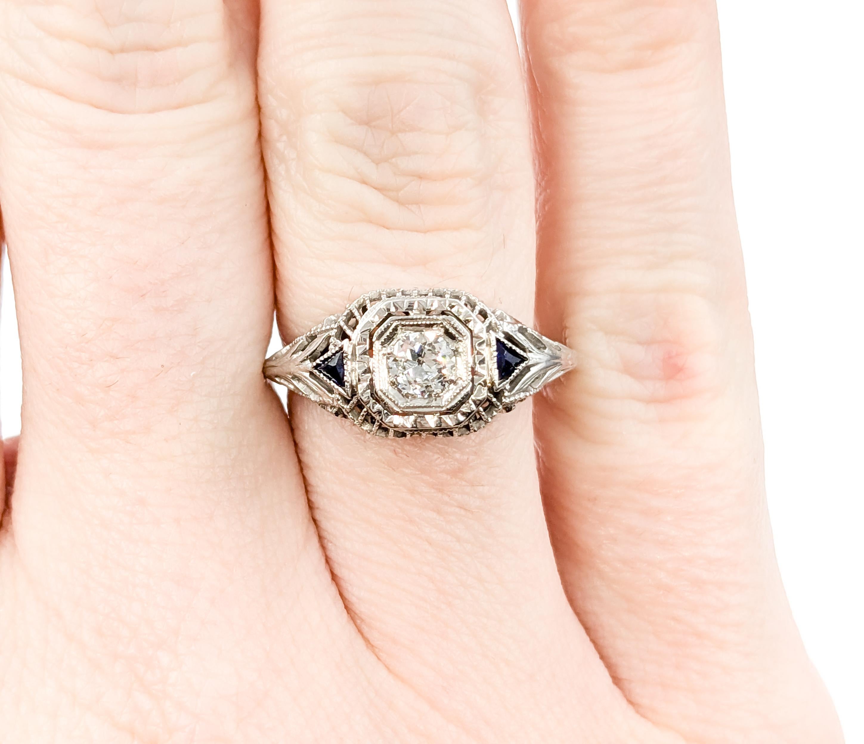 Women's Art Deco European Cut Diamond & Sapphire Ring in White Gold