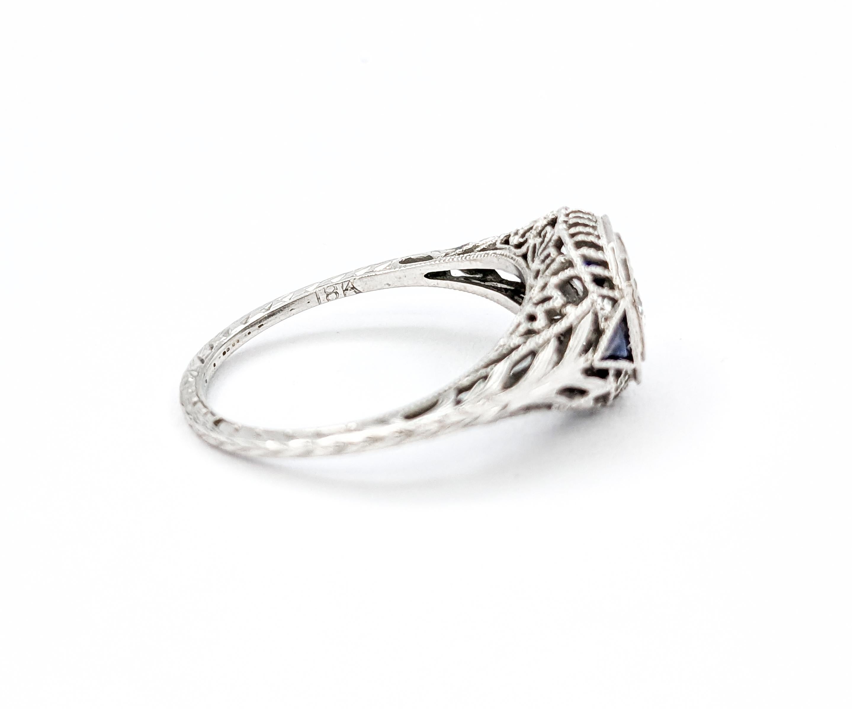 Art Deco European Cut Diamond & Sapphire Ring in White Gold 2