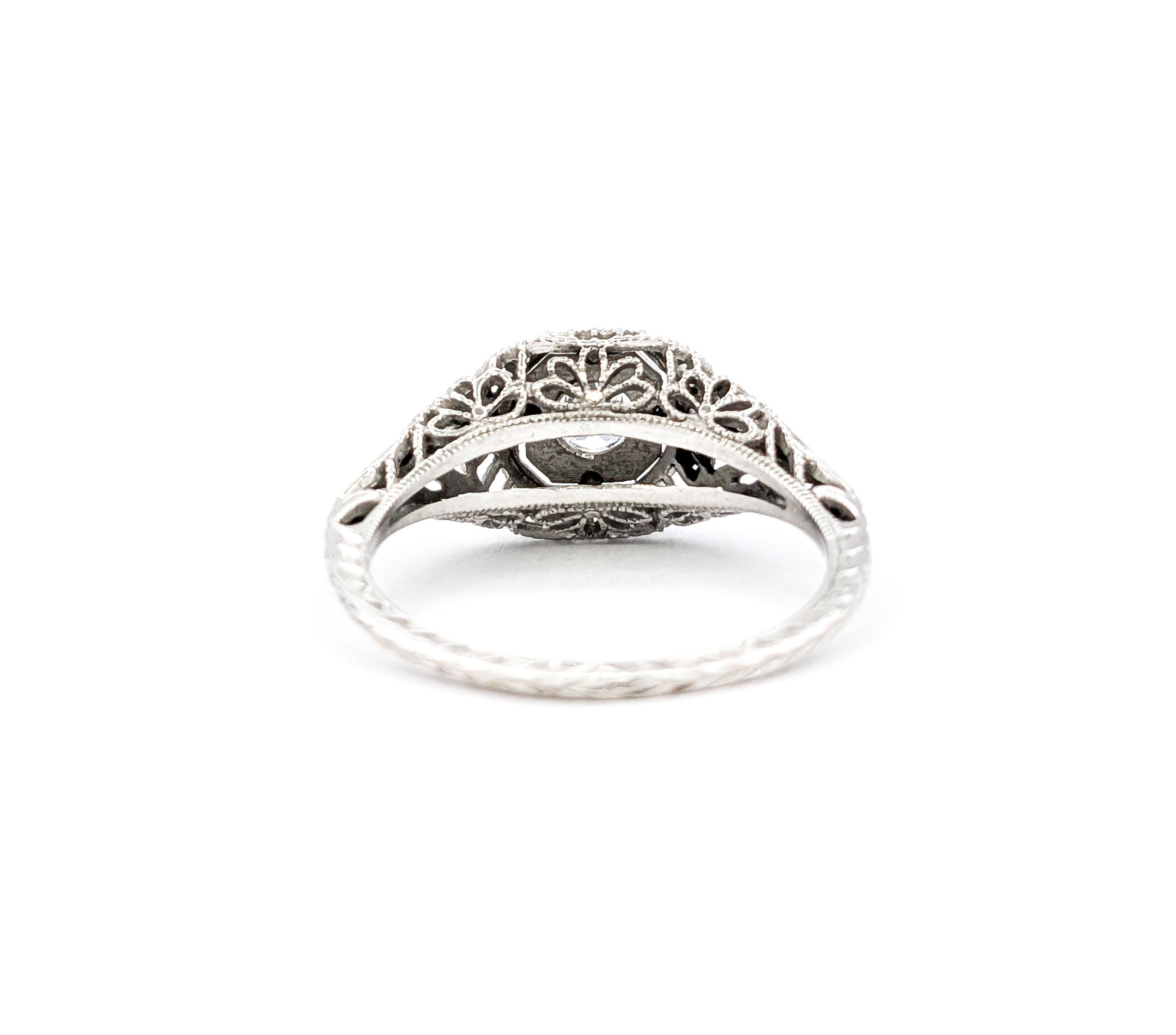 Art Deco European Cut Diamond & Sapphire Ring in White Gold 3